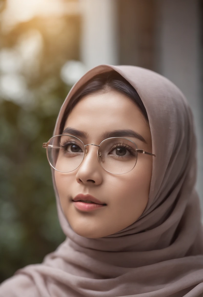 Face close up, beauty young malay woman wearing hijab and glasses, facing outside her house trough the window, can saw her face reflection on the window glass, the photo was taken from her side, bokeh, hdr, cinematic photo professional portrait, hyper realistic, ultra detailed photograph, captured with a 85mm lens, f4. 6, bokeh, ultra detailed, ultra accurate detailed, bokeh lighting, surrealism, urban setting, ultra unreal engine, intricate, life-size figures, catcore, r 9:16