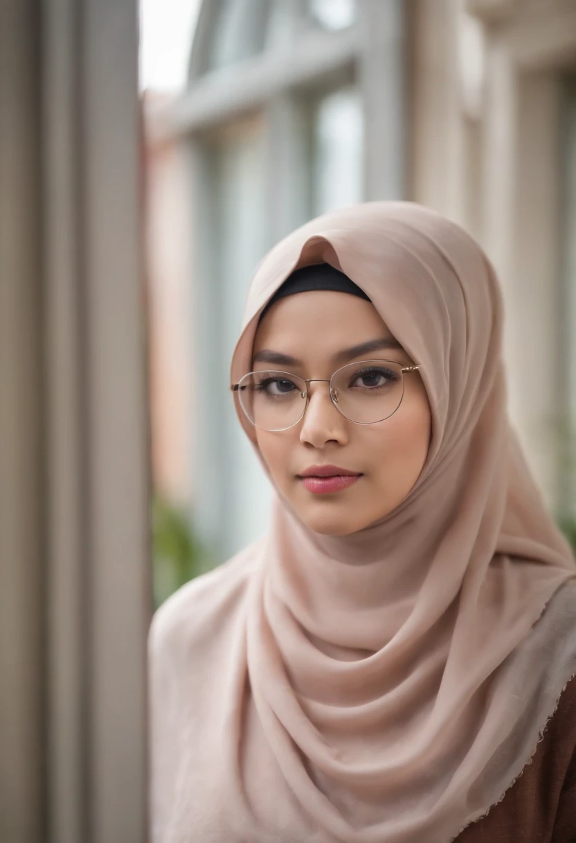 Face close up, beauty young malay woman wearing hijab and glasses, facing outside her house trough the window, can saw her face reflection on the window glass, the photo was taken from her side, bokeh, hdr, cinematic photo professional portrait, hyper realistic, ultra detailed photograph, captured with a 85mm lens, f4. 6, bokeh, ultra detailed, ultra accurate detailed, bokeh lighting, surrealism, urban setting, ultra unreal engine, intricate, life-size figures, catcore, r 9:16