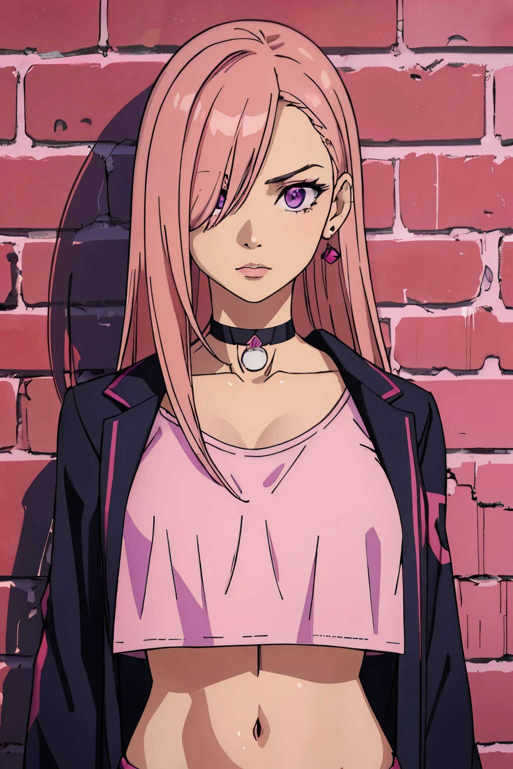 (masterpiece, best quality, 1girl, solo, intricate details, chromatic aberration), realistic, ((medium breath)),long hair, pink hair, red head ornament, pink highlights, hair over one eye,purple eyes, earrings, sharp eyes, choker, neon shirt, open jacket, crop top, (symmetry eyes),(perfect symmetrical body),against wall, brick wall, graffiti, dim lighting, alley ,look at viewer