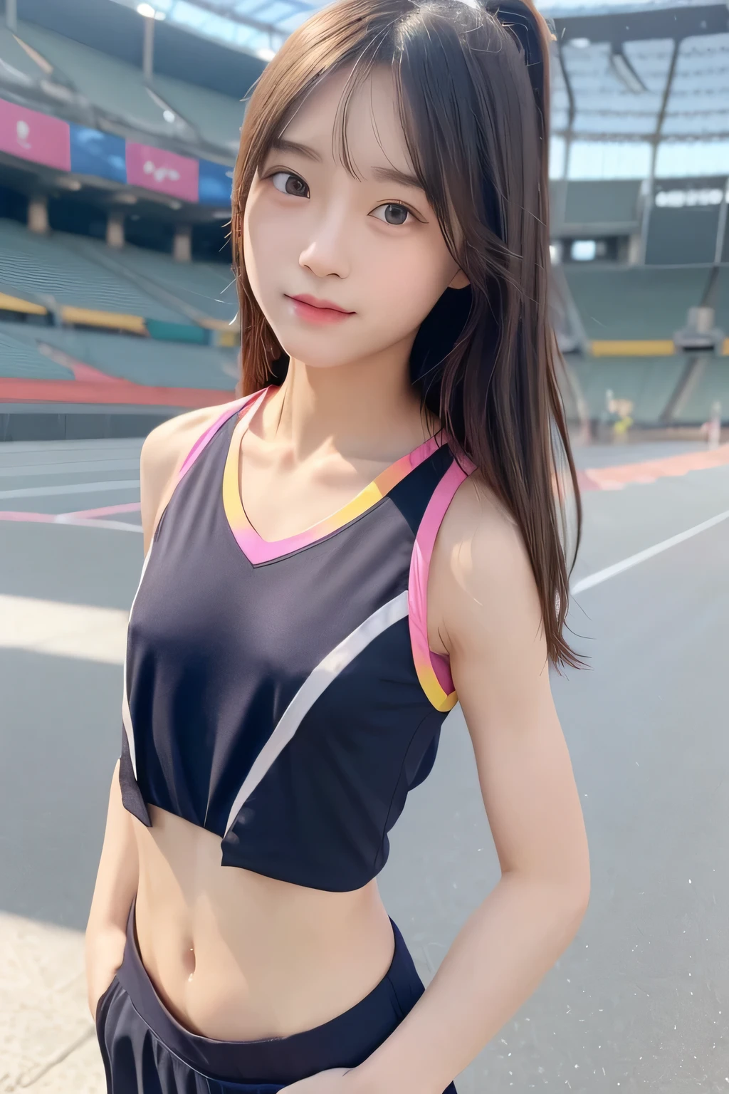 High resolution、8K portrait、Unity 8k壁紙のHD FineCG、unity 8k wallpaper、Highly detailed CG Unity 8K wallpaper、lively、real person、cute、 portrait photography、shiny skin、HD Fine、()、beautiful clear eyes、Very detailed explanation、delicate face、nice lips、slender body、thin waist、thin legs、(athletics stadium:1.4)、(flat chest:1.8)、(Colorful sleeveless exercise clothes:1.4)、(My nipples hurt:1.4)、(cute笑顔:1.2)、(abs:1.2)、stop temporarily、wavy hair