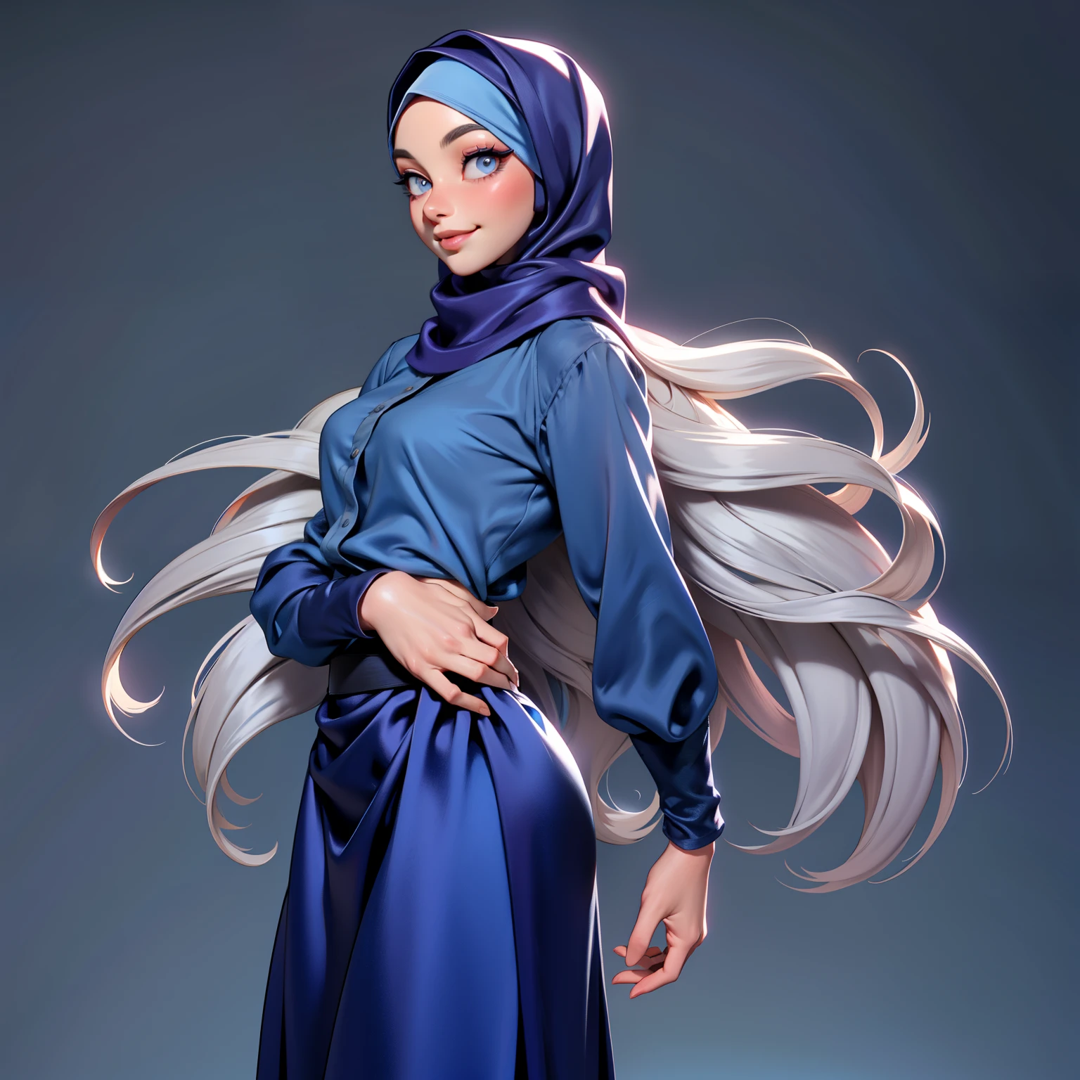 3dmm style, Masterpiece, realistic, best quality, best lighting, beautiful mature Czech woman, 1 girl photo solo, beautifully makeup, eyeshadow, Parted Lips, Detailed Eyes, beautiful big eyes, long eye lashes, dimples on the cheeks, smile, wearing ((Dark blue satin hijab)), loosely tide hijab style, ((gray satin shirt and satin long skirt)), ((front view)), (half-body portrait), front view, standing straight, symmetric Centered facing the viewer.