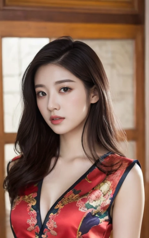 wearing Chinese clothes、Chinese clothes with open chest、Wearing Chinese clothes without a bra、Nothing is worn inside、A woman with the same face as last time(misaki),4K、1people's women、slender、 Loose wavy styling 、full body shot、seductive and attractive,Including face and skin texture,detailed eyes、a seductive look