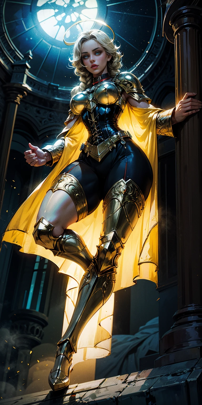 far shot, from below, full body of paladin lady in ornate golden armor, black collar, pauldrons, breastplate, corset, glowing halo, single braid, blonde, yellow glowing eyes, bright pupils, eye focus, red cape, temple indoors, stained glass windows, night, moonlight, particles, light beam, chromatic aberration
