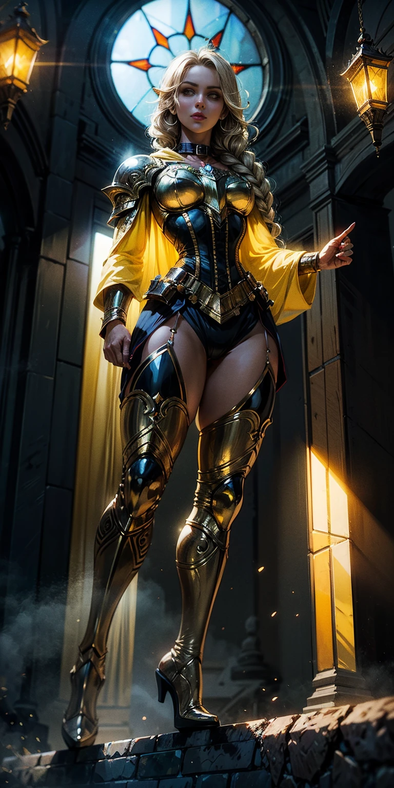 far shot, from below, full body of paladin lady in ornate golden armor, black collar, pauldrons, breastplate, corset, glowing halo, single braid, blonde, yellow glowing eyes, bright pupils, eye focus, red cape, temple indoors, stained glass windows, night, moonlight, particles, light beam, chromatic aberration