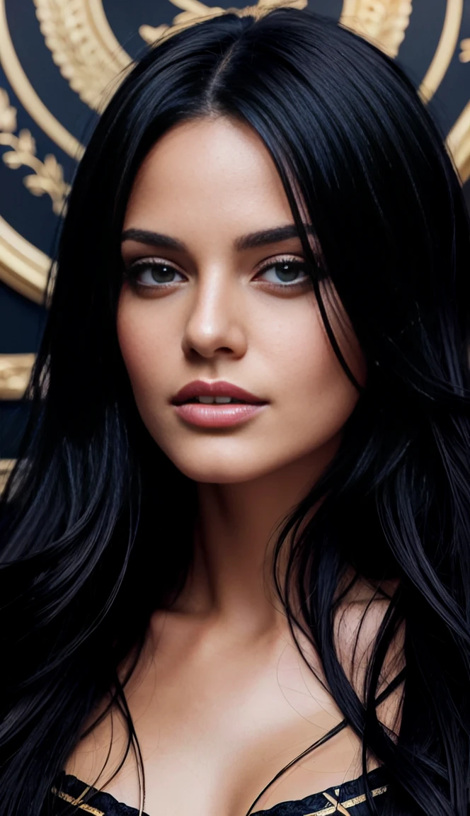 a woman with long black hair in a gold painting, in the style of charlie bowater, dark blue and dark black, michael garmash, comic art, realistic color palette, dark black and beige, soft-focused realism --ar 24:37 --stylize 750 --v 6