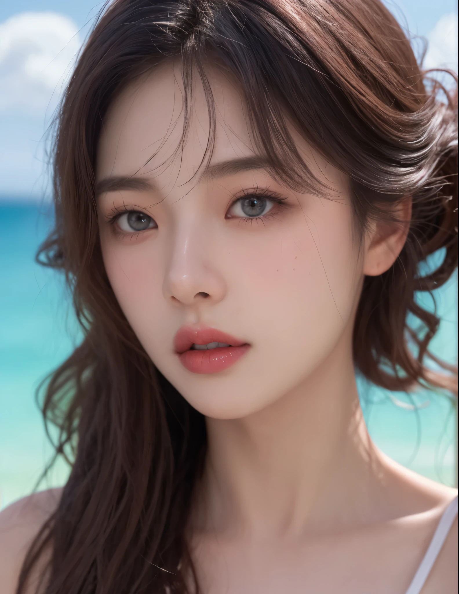 8k, RAW Photo, Best Quality, Masterpiece, High Detail RAW Color Photo, Professional Photo, (Realistic, Photorealistic Photorealism: 1.37), (High Detail Skin: 1.2), High Resolution, Beautiful Detailed Eyes, (Hard Focus: 1.4), (Clear Focus: 1.4), Realistic, (8K UHD:1.2), realistic high-quality shadows, pink pouty red lips, slender face, (wavy hair), half top knot, gray-blue wavy hair, pink eye color, suggestive appearance, (extreme face close-up), pov, ((depth of field))), pale and shiny skin, slip dress, 1 30 years old, buruma, clear water, layers of white clouds, background blur, lens flare, (vignetting: 0.8), dramatic lighting, cinematic lighting, backlighting, professional lighting, Physically based rendering, ulzzang-6500-v1.1, pureerosface_v1.