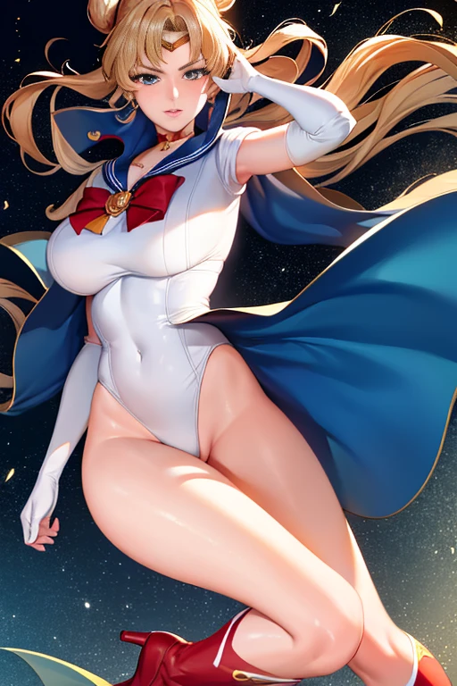 masterpiece, high resolution, best quality, beautiful art, 1 woman, solo, Jean Gunnhildr, big breasted, cleavage, mature woman, wearing a Sailor Moon outfit, mini skirt, showing her white leotard, sexy legs and thighs, red boots, wind blowing up her skirt, sexy posing, green eyes, moonlight environment 