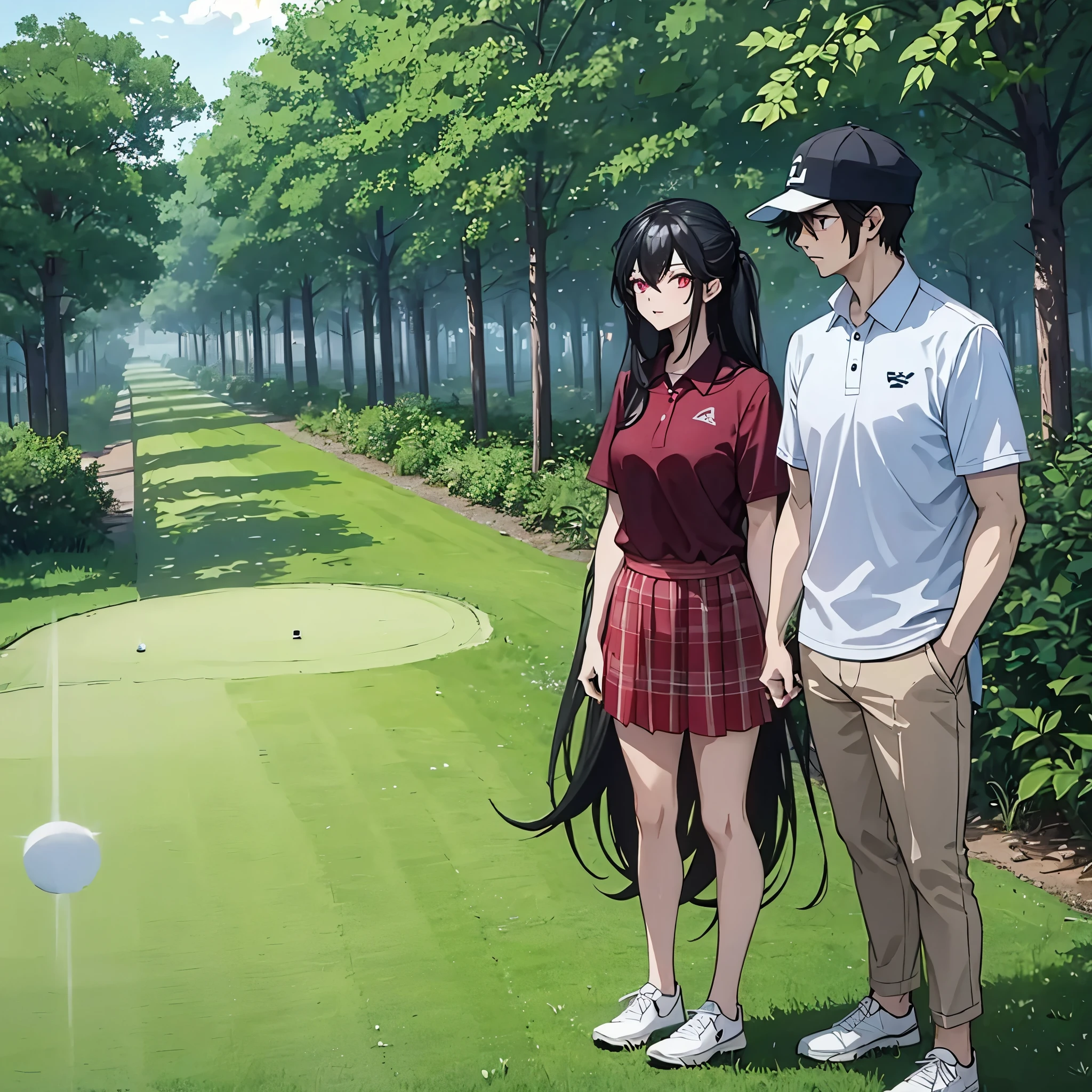 a man together with a woman (eye red) in casual clothes playing golf on a golf course
