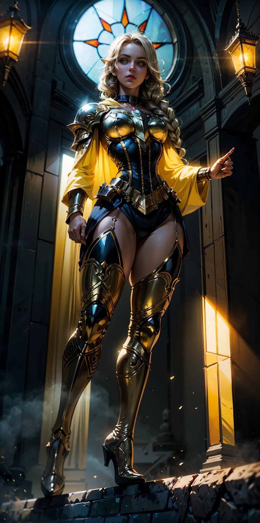 far shot, from below, full body of paladin lady in ornate golden armor, black collar, pauldrons, breastplate, corset, glowing halo, single braid, blonde, yellow glowing eyes, bright pupils, eye focus, red cape, temple indoors, stained glass windows, night, moonlight, particles, light beam, chromatic aberration
