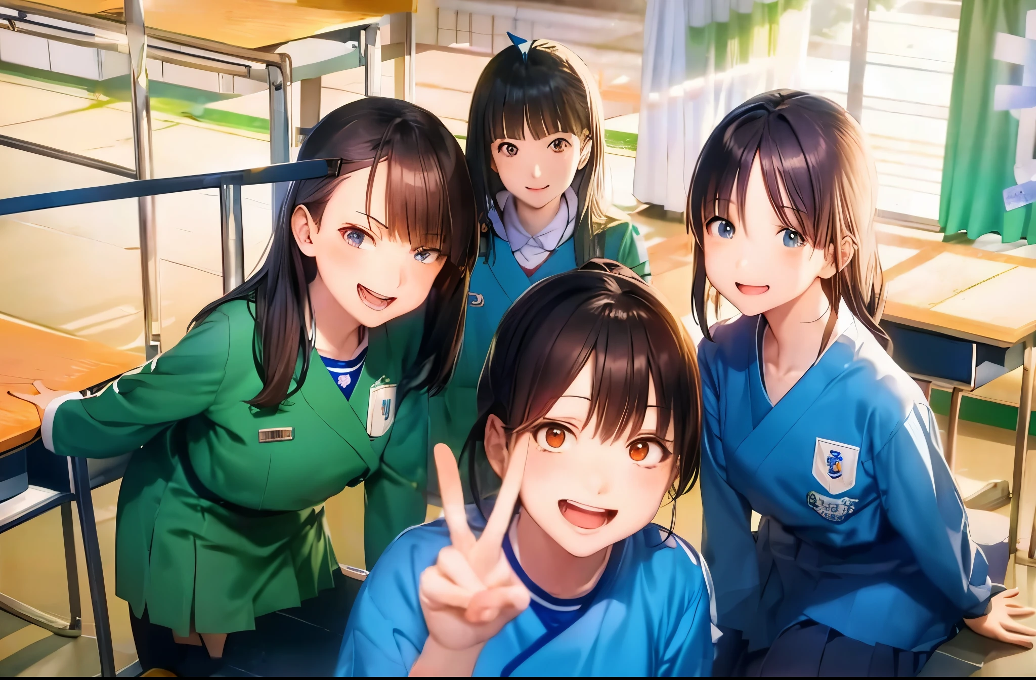 Japan High School Classroom,4female students standing and playing peace,both of them are wearing glasses,Wearing a white uniform,The uniform has a blue ribbon on the chest.,smile,Has kind eyes,2D anime style