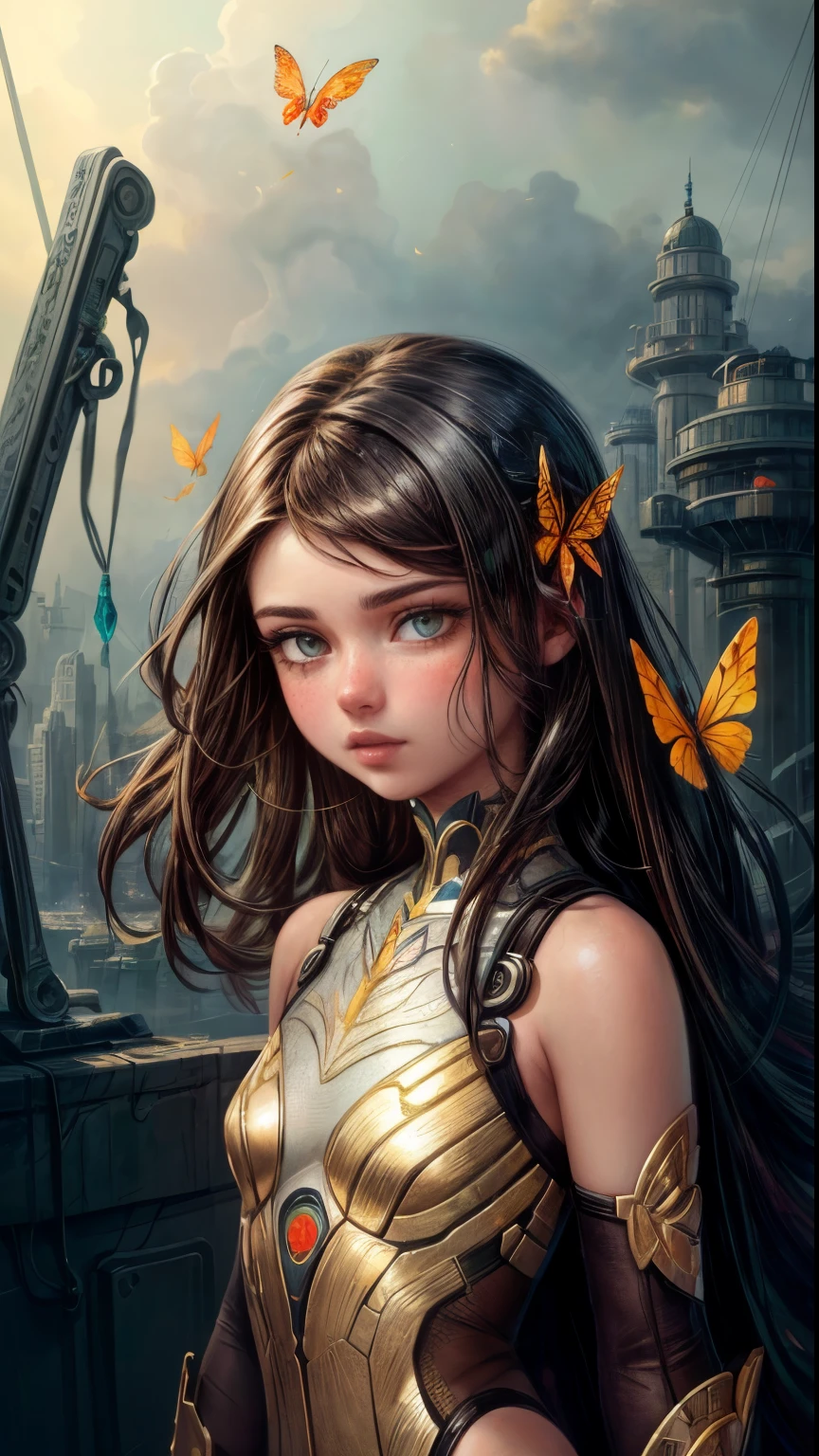 8k portrait of beautiful cyborg (Selena Gomez) with brown hair, intricate, elegant, highly detailed, majestic, digital photography, art by artgerm and ruan jia and greg rutkowski surreal painting gold butterfly filigree, broken glass, (masterpiece, sidelighting, finely detailed beautiful eyes: 1.2), hdr,