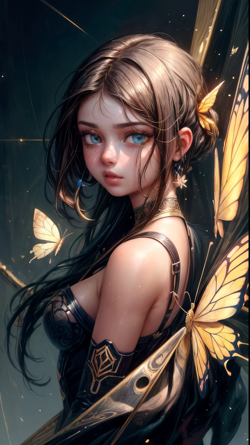 8k portrait of beautiful cyborg (Selena Gomez) with brown hair, intricate, elegant, highly detailed, majestic, digital photography, art by artgerm and ruan jia and greg rutkowski surreal painting gold butterfly filigree, broken glass, (masterpiece, sidelighting, finely detailed beautiful eyes: 1.2), hdr,