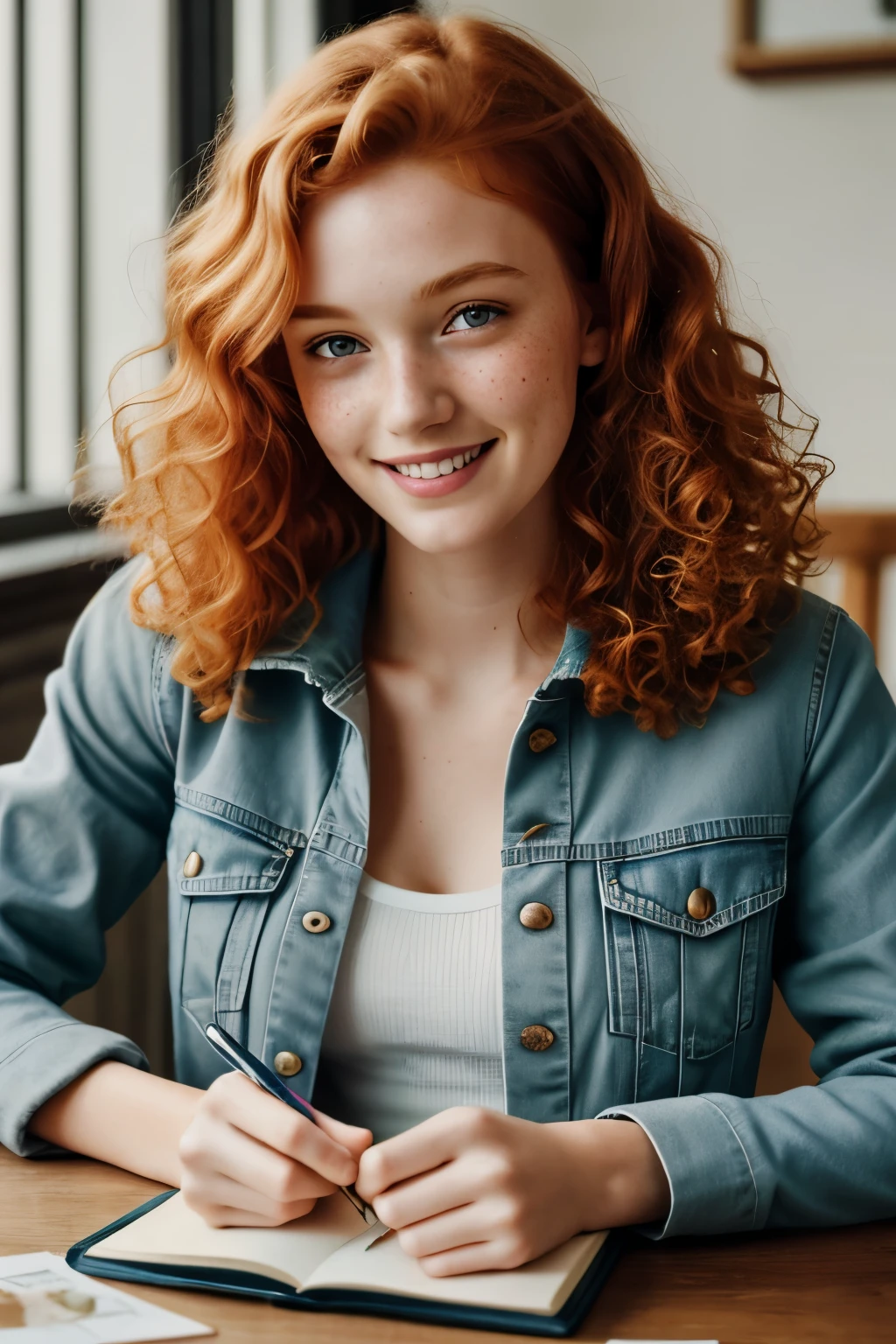 1girl in, age19, Solo, Aesthetic artwork, irish redhead, curly ginger hair, shoulder length ginger hair, gray eyes, light grey eyes, some small freckles, pale skin, A-cup, small breasts, runners body, detailed skin texture, cute smile, sitting at a table, glass of tea on table, open note book on table, (extremely detailed 8k wallpaper), soft lighting, high quality, film grain, Fujifilm XT3 sharp focus, f 5.6, 50mm, High Detail, Sharp focus,(natural light), light blue jacket, khaki jacket, faded blue jeans, holes and blue jeans, crazy details, complex details, hyper detailed
