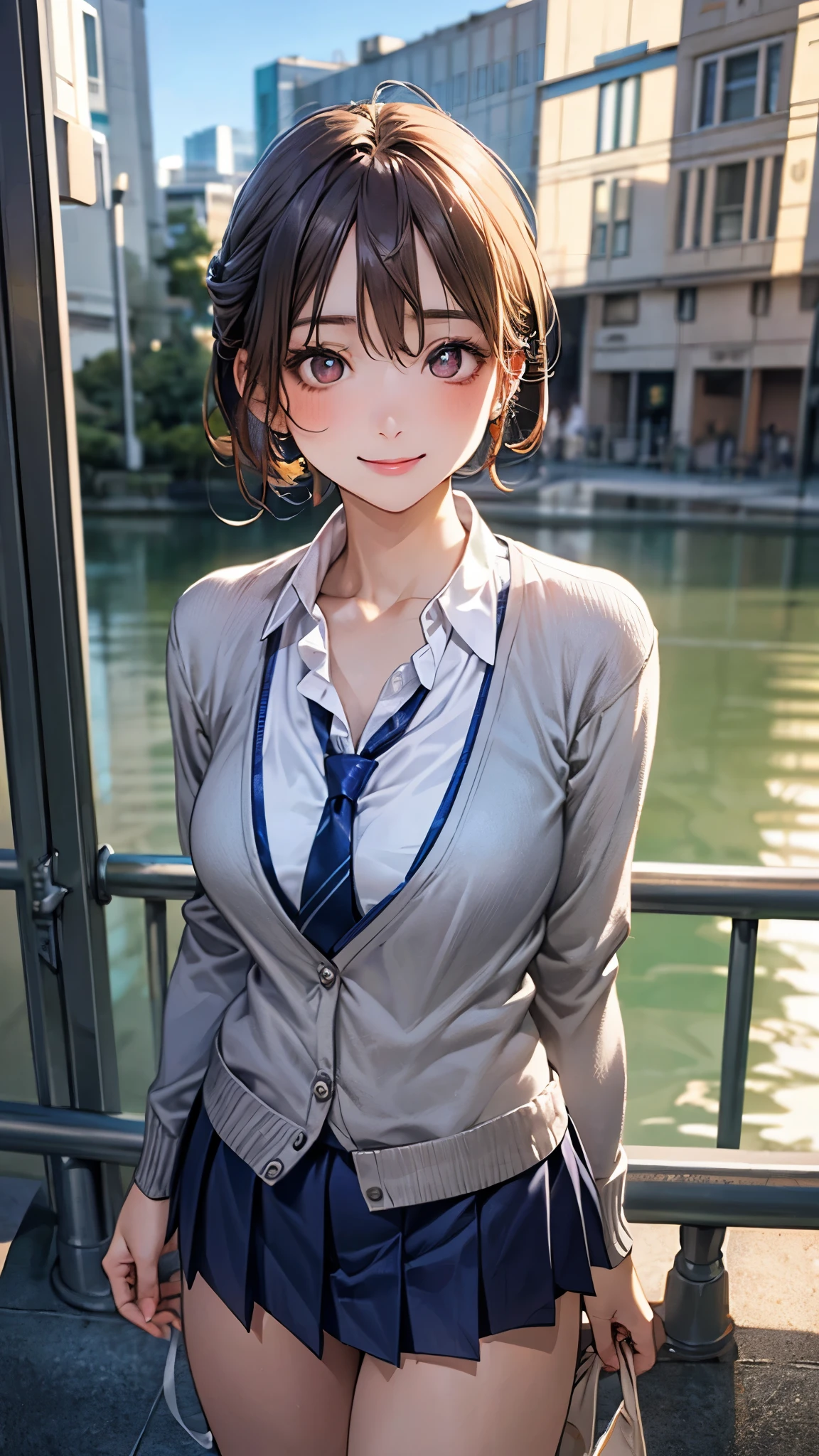 (masterpiece:1.2, top-quality), (realistic, photorealistic:1.4), beautiful illustration, (natural side lighting, movie lighting),
looking at viewer, cowboy shot, front view:0.6, 1 girl, japanese, high school girl, perfect face, cute and symmetrical face, shiny skin,
(short hair:1.4, half updo:1.5, light brown hair), hair between eye, dark brown eyes, long eye lasher, (large breasts:0.6, seductive thighs),
beautiful hair, beautiful face, beautiful detailed eyes, beautiful clavicle, beautiful body, beautiful chest, beautiful thigh, beautiful legs, beautiful fingers,
((long sleeve white collared shirts, navy pleated miniskirt, navy tie, light grey cardigan)), pink panties,
(beautiful scenery), evening, riverside, walking, (lovely smile, upper eyes),