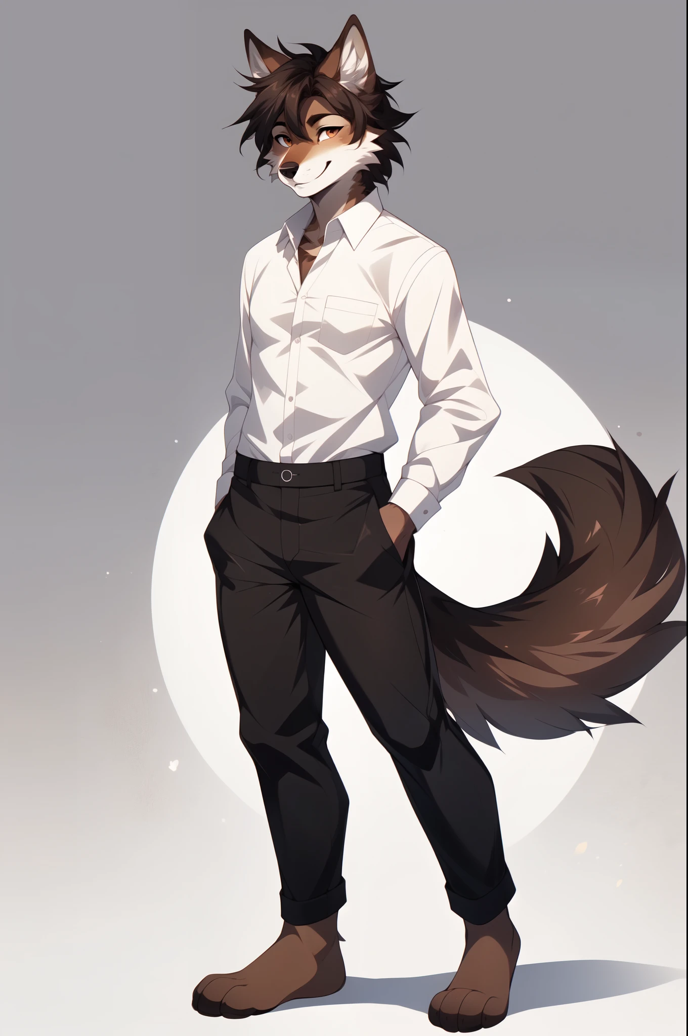 Solo, By fumiko, by hyattlen, by hioshiru, Jaiden, brown male wolf, brown wolf ears, brown wolf tail, wearing white button up shirt, full body shot, black pants, barefoot, feet paws, 4 toes, smiling, white background, no background standing, neutral position, arms to his side
