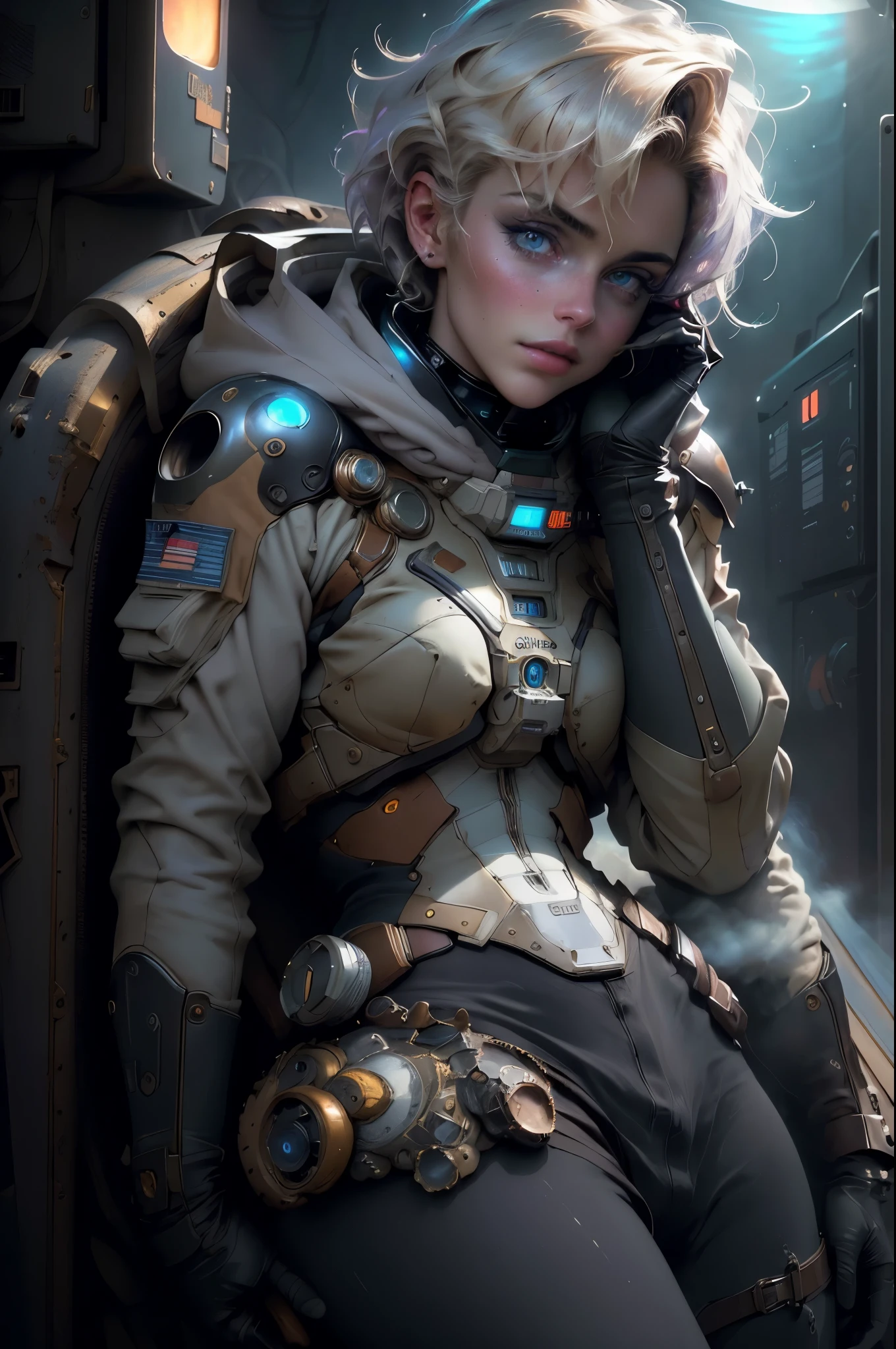 (Best quality,4K,8K,A high resolution,Masterpiece:1.2),(Realistic,Photorealistic,photo-realistic:1.37),Stefania Ferrario as a Astronaut, Short blonde hair, Steam punk, film-noir, Otherworldly, Vivid colors, Dreamlike, Sci-fi, subtly lit,Atmospheric,view of the cosmos,Steam-powered machinery,Ethereal,hauntingly beautiful,Moody shadows,Retro-futuristic technology,Starlight fog,exploration,Adventure,Mystery,Galactic environment,exalted,Isolated heroine,Interstellar Travel,dramatic contrast,distant planets,Majestic face,Sci-fi fashion,Smoke and fog effects,contrasting textures,Timeless beauty