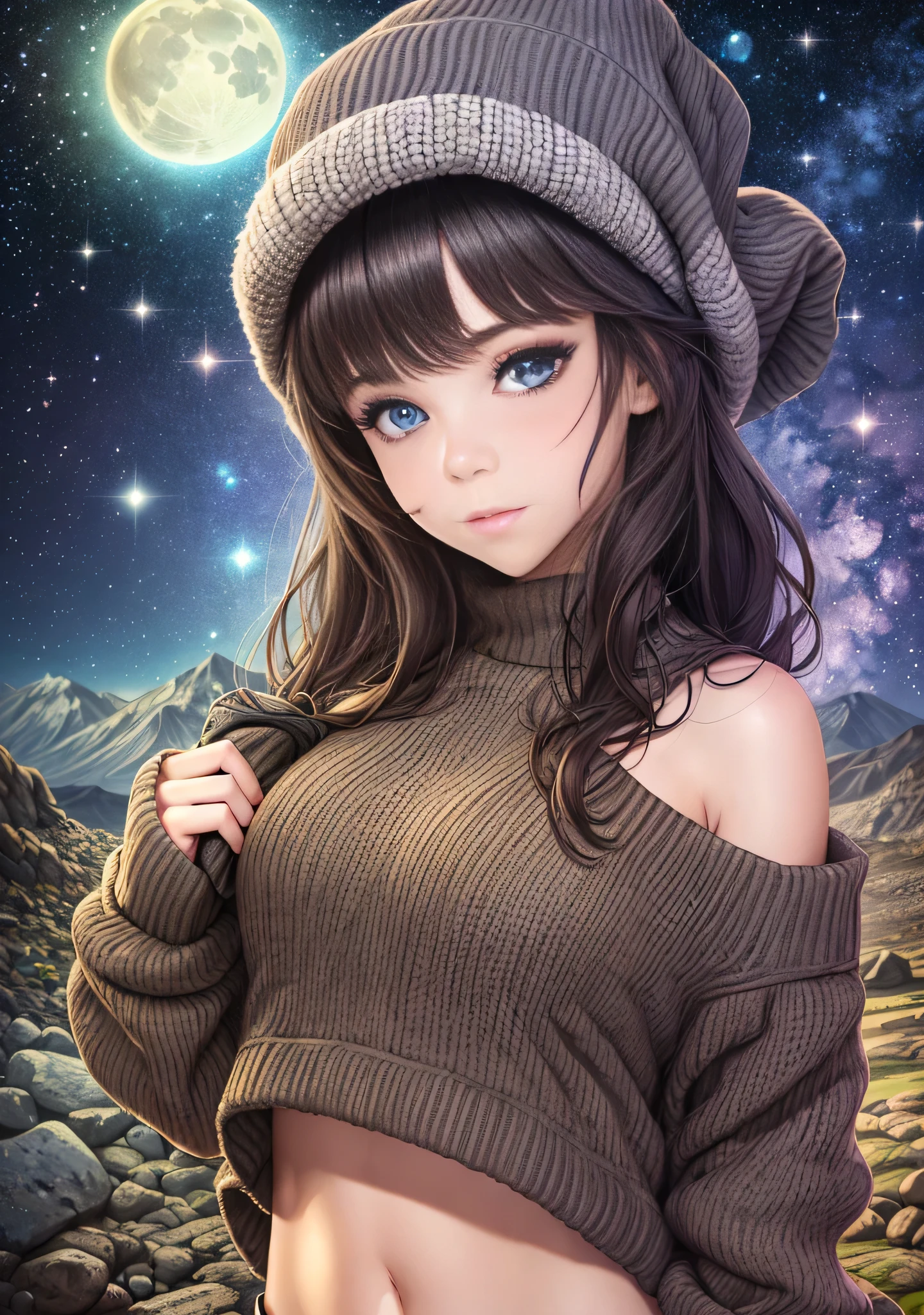 1girl, Selena Gomez, masterpiece, best quality, ultra-detailed, solo, outdoors, (night), mountains, nature, (stars, moon) cheerful, happy, mountain boots, gloves, mini sweater top, bare belly, hat, flashlight, forest, rocks, river, wood, smoke, shadows, contrast, clear sky, analog style, (look at viewer:1.2), (skin texture), close up, cinematic light, sidelighting, ultra high res, best shadow, RAW, upper body, wearing pullover top