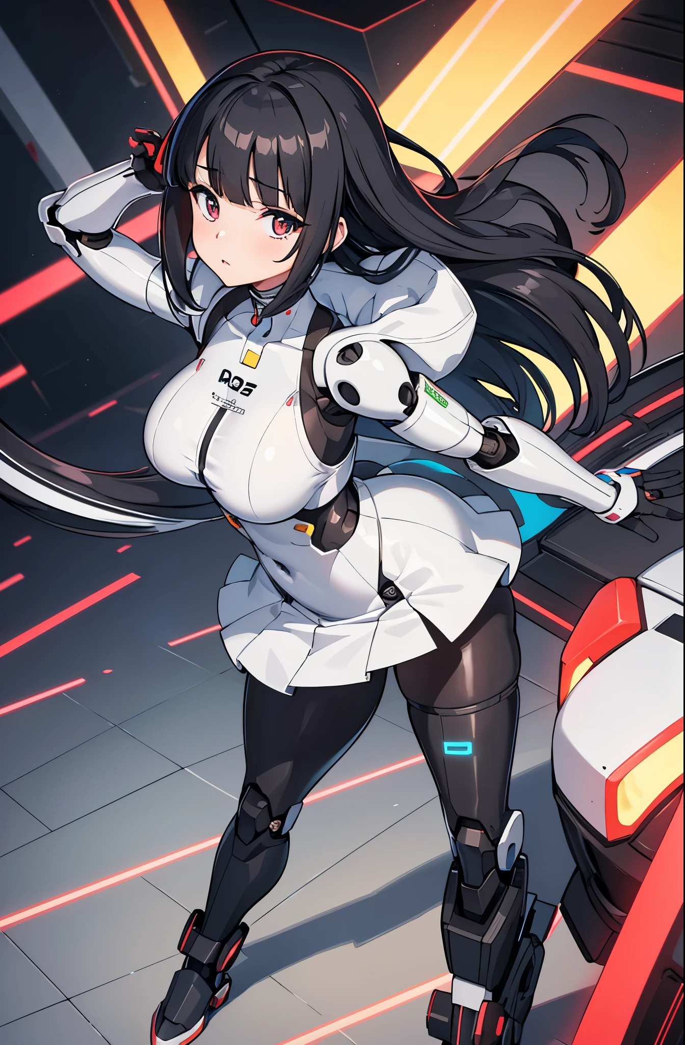 masutepiece, Best Quality, Extremely detailed, (8K, 4K, Best Quality, hight resolution, 超A high resolution:1.1), 8K portrait,Japaese Cyborg Girl,Plump , announcer,control panels,android,Droid,Mechanical Hand, ,Robot arms and legs, Black Robot Parts,Black hair,Mechanical body,Blunt bangs,White Robotics Parts,perfect robot woman,Charging spot,Long Tube,A thick cable was connected to her neck,ceramic body ,Mechanical body, mechanical ear covers,android,robot humanoid,loose boots,dark black leggings,tight skirt,a bit chubby,panty,full eyes,She is exhibits,She is exhibited on exhibition hall,perfect cyborg girl