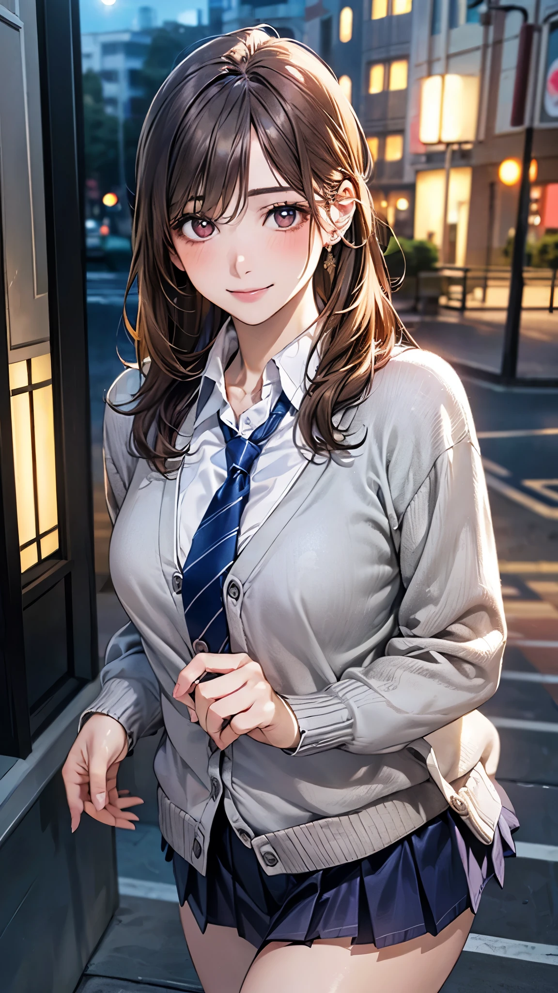 (masterpiece:1.2, top-quality), (realistic, photorealistic:1.4), beautiful illustration, (natural side lighting, movie lighting),
looking at viewer, cowboy shot, front view:0.6, 1 girl, japanese, high school girl, perfect face, cute and symmetrical face, shiny skin,
(long hair:1.4, half updo:1.5, light brown hair), hair between eye, dark brown eyes, long eye lasher, (large breasts:0.6, seductive thighs),
beautiful hair, beautiful face, beautiful detailed eyes, beautiful clavicle, beautiful body, beautiful chest, beautiful thigh, beautiful legs, beautiful fingers,
((long sleeve white collared shirts, navy pleated miniskirt, navy tie, light grey cardigan)), pink panties,
(beautiful scenery), evening, riverside, walking, (lovely smile, upper eyes),