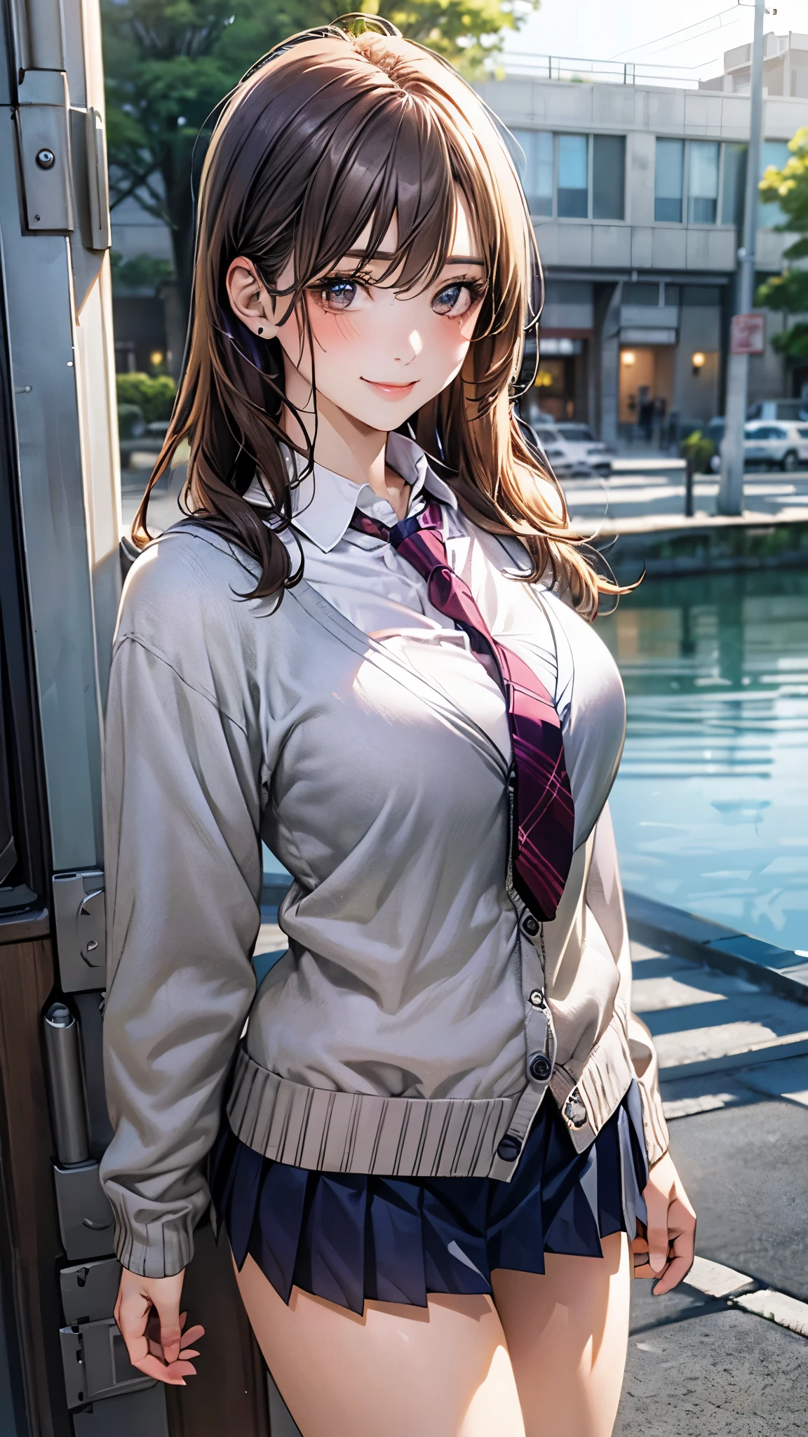 (masterpiece:1.2, top-quality), (realistic, photorealistic:1.4), beautiful illustration, (natural side lighting, movie lighting), 
looking at viewer, cowboy shot, front view:0.6, 1 girl, japanese, high school girl, perfect face, cute and symmetrical face, shiny skin, 
(long hair:1.4, half updo:1.5, light brown hair), hair between eye, dark brown eyes, long eye lasher, (large breasts:0.6,  thighs), 
beautiful hair, beautiful face, beautiful detailed eyes, beautiful clavicle, beautiful body, beautiful chest, beautiful thigh, beautiful legs, beautiful fingers, 
((long sleeve white collared shirts, navy pleated , navy tie, light grey cardigan)), pink , 
(beautiful scenery), evening, riverside, walking, (lovely smile, upper eyes), 