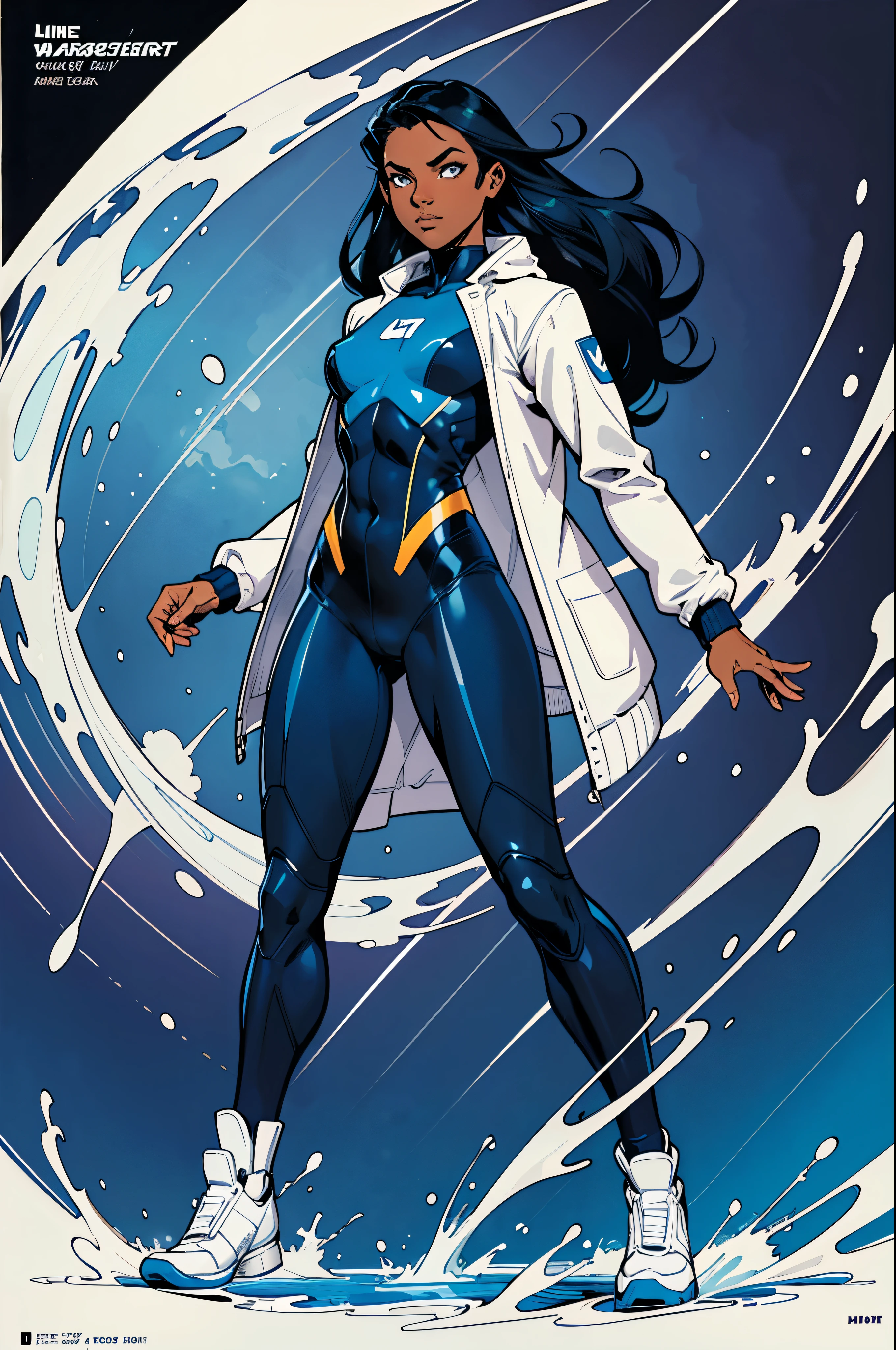 (comic style:1.3), (line art:1.5), (full body),(comic book cover, masterpiece, award winning, best quality:1.3), (flat color:1.3),(colorful:1.3), 1 girl ((solo)), Latina, superhero, controlling water, dark skin, long black hair, purple eyes, wearing a blue and white wetsuit (full body), blue shoes, (white short jacket), fashionable, volumetric lighting, subsurface scattering, (dark skin, good anatomy, good proportions, good composition, highest quality, award winning, masterpiece), dynamic pose, cinematic, (intricate, detailed), realistic detailed fabric textures, art by Adam Hughes