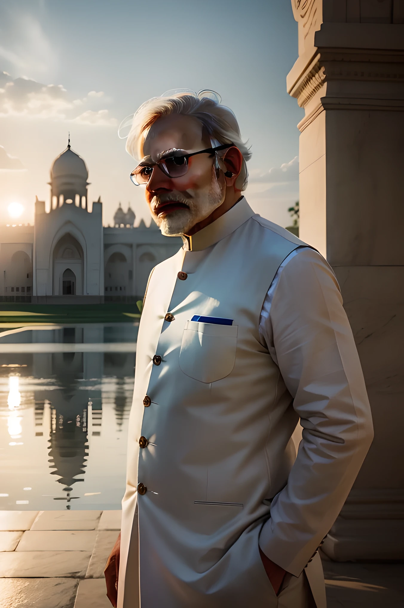 narendra modi, indian prime minister, in white kurta, in front of indian parliament house, depth of field , sunlight on back, cinematic feel, full frame, hyperealistic