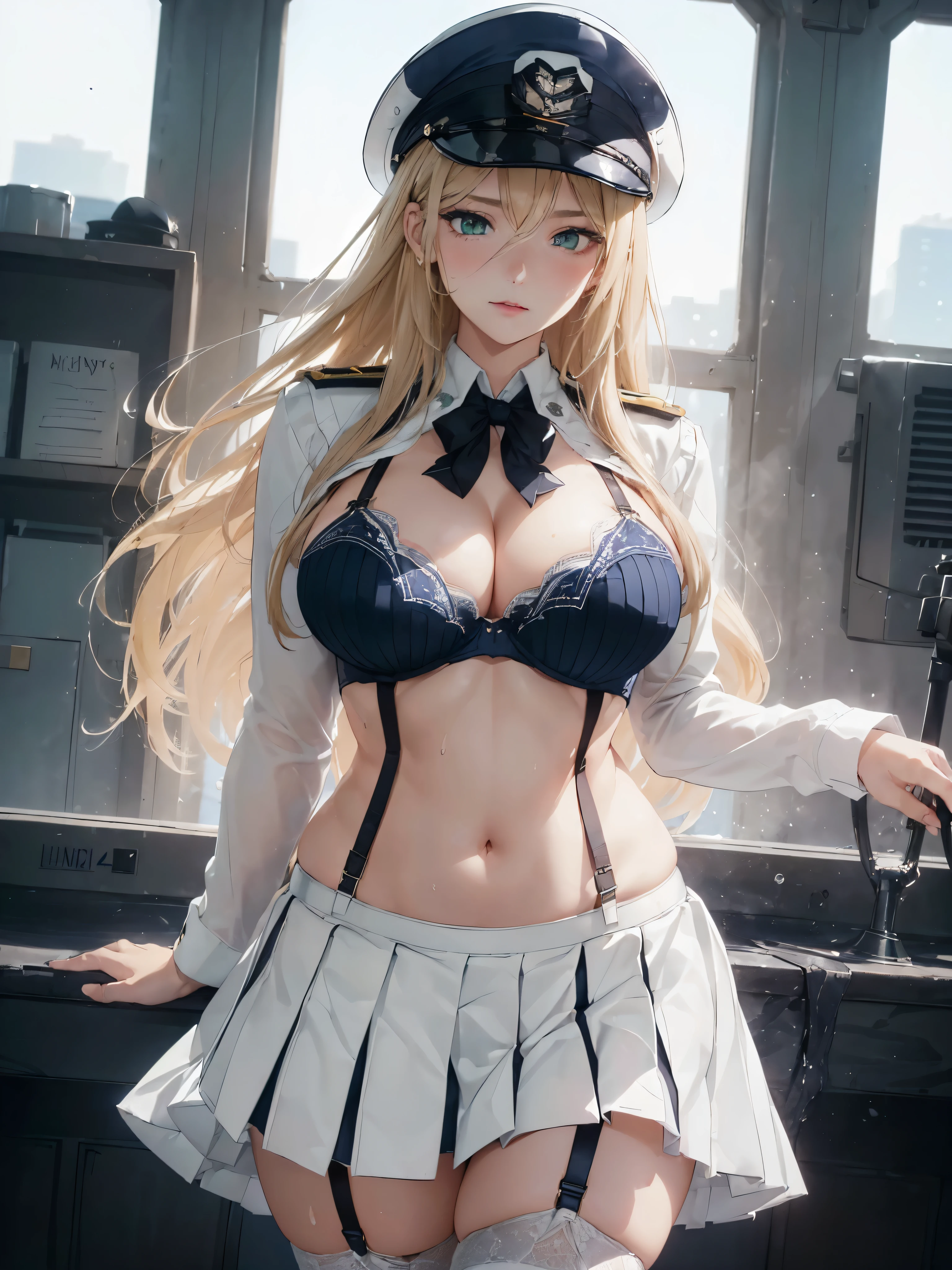 8K, Best quality, Ultra High-Resolution: 1.35, Raw photo: 1.2, Photorealistic: 1.37, masterpiece: 1.25)), Sweatiness: 0.2, Professional lighting, photon mapping, radiosity, symmetry, complexity, elegance, anatomically correct, (((1 girl))), medium breast, ((long blond hair, green eyes: 1.2)), long eyelashes, eye shadow, natural makeup, clear facial features, double eyelids, alluring, attractive, (curvy build, exposed cleavage, full-figured body, busty body, thicc, thick thighs, thigh gap), showing stomach, abs, ((sexy black/white lingerie 1.2, garter belt: 1.4, white captains uniform, white captains hat: 1.5, navy uniform, black pleated skirt: 1.38)), sexy pose, azur lane, command bridge, on a battleship,