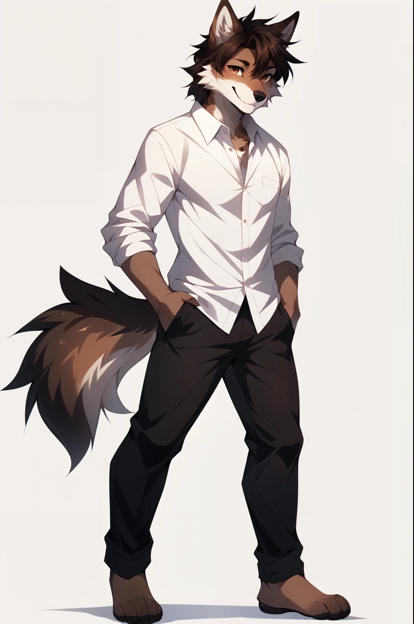 Solo, By fumiko, by hyattlen, by hioshiru, Jaiden, brown male wolf, brown wolf ears, brown wolf tail, wearing white button up shirt, full body shot, black pants, barefoot, feet paws, 4 toes, smiling, white background, no background standing, neutral position, arms to his side