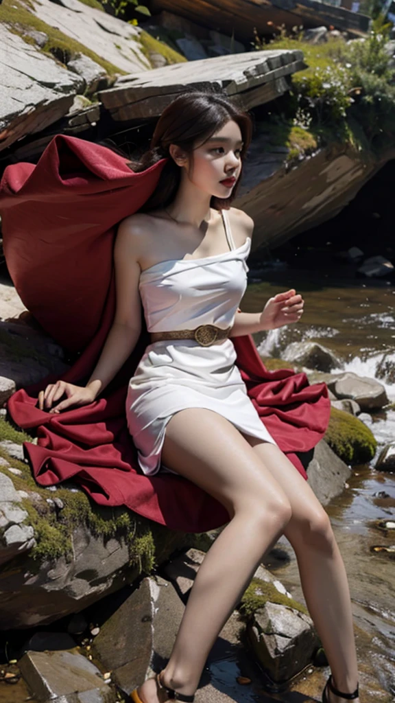 Woman in red silver dress, ((run)), Fight monsters, beautiful armor, very detailed, red armor girl, exquisite jewelry, (best quality, 10, Masterpiece :1.3), (realistic, ภาพrealistic: 1.37), (1 girl), (Beautiful women between the ages of 18-20), (thin), (Focus on the slender abdomen.. :1.3), (Korea), (white leather dress, Long red leather cloak, Show your arms and shoulders., white leather skirt, short leather skirt, Emphasize her legs., High groove,), (รองเท้าHeel Height), (Random pose), Huge breasts, exposed cleavage, ((dark brown hair, long hair, long hair, Random hairstyles)), exquisite face, Open the show, Fantasy, Slender figure, Body proportion, Very smooth face, Good eyes, Double eyelids,  (big girl :1.3), (outdoor), (Extraordinarily detailed face), (Detailed eyes), (Double eyelids), (Eyeshadow makes eyelashes look thicker.......), obscure, (Long legs, Heel Height), (((Whole body))), (professional lighting), (Radiation), red armor girlสีเงิน, ((Big magic Sword)), (Look directly at the audience.....), cliff scene, mountain, cave mouth, stone, Dungeon