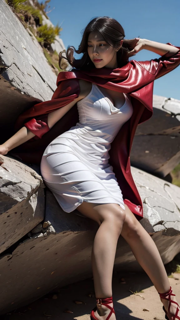 Woman in red silver dress, ((run)), Fight monsters, beautiful armor, very detailed, red armor girl, exquisite jewelry, (best quality, 10, Masterpiece :1.3), (realistic, ภาพrealistic: 1.37), (1 girl), (Beautiful women between the ages of 18-20), (thin), (Focus on the slender abdomen.. :1.3), (Korea), (white leather dress, Long red leather cloak, Show your arms and shoulders., white leather skirt, short leather skirt, Emphasize her legs., High groove,), (รองเท้าHeel Height), (Random pose), Huge breasts, exposed cleavage, ((dark brown hair, long hair, long hair, Random hairstyles)), exquisite face, Open the show, Fantasy, Slender figure, Body proportion, Very smooth face, Good eyes, Double eyelids, (big girl :1.3), (outdoor), (Extraordinarily detailed face), (Detailed eyes), (Double eyelids), (Eyeshadow makes eyelashes look thicker.......), obscure, (Long legs, Heel Height), (((Whole body))), (professional lighting), (Radiation), red armor girlสีเงิน, ((Big magic Sword)), (Look directly at the audience.....), cliff scene, mountain, cave mouth, stone, Dungeon