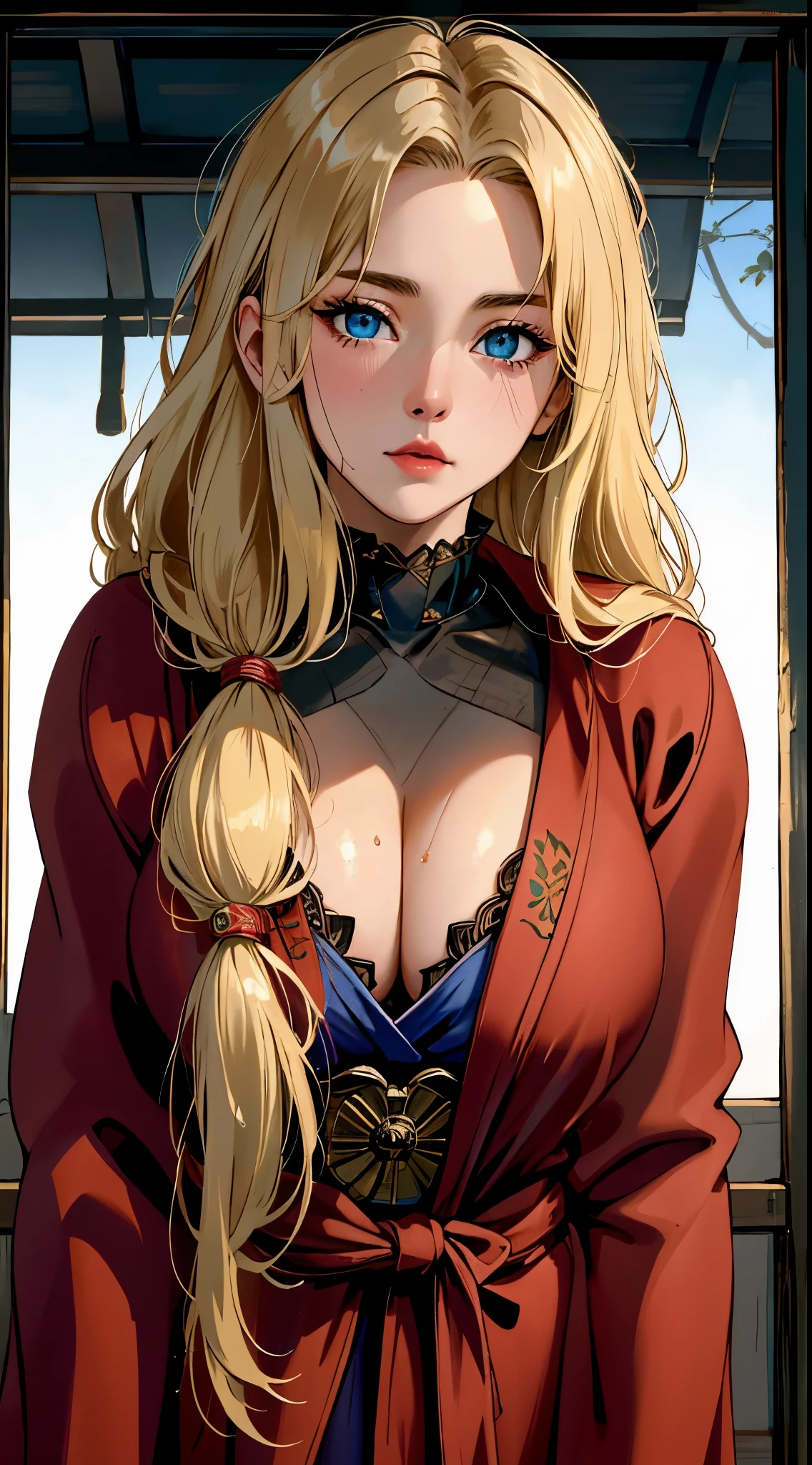 1 milf girl, (dark atmosphere), (highly detailed skin),, cleavage,((old Japanese style)) ,8k quality, ultra sharp, ultra realistic detailed, blue eyes, blonde hair,,red robe