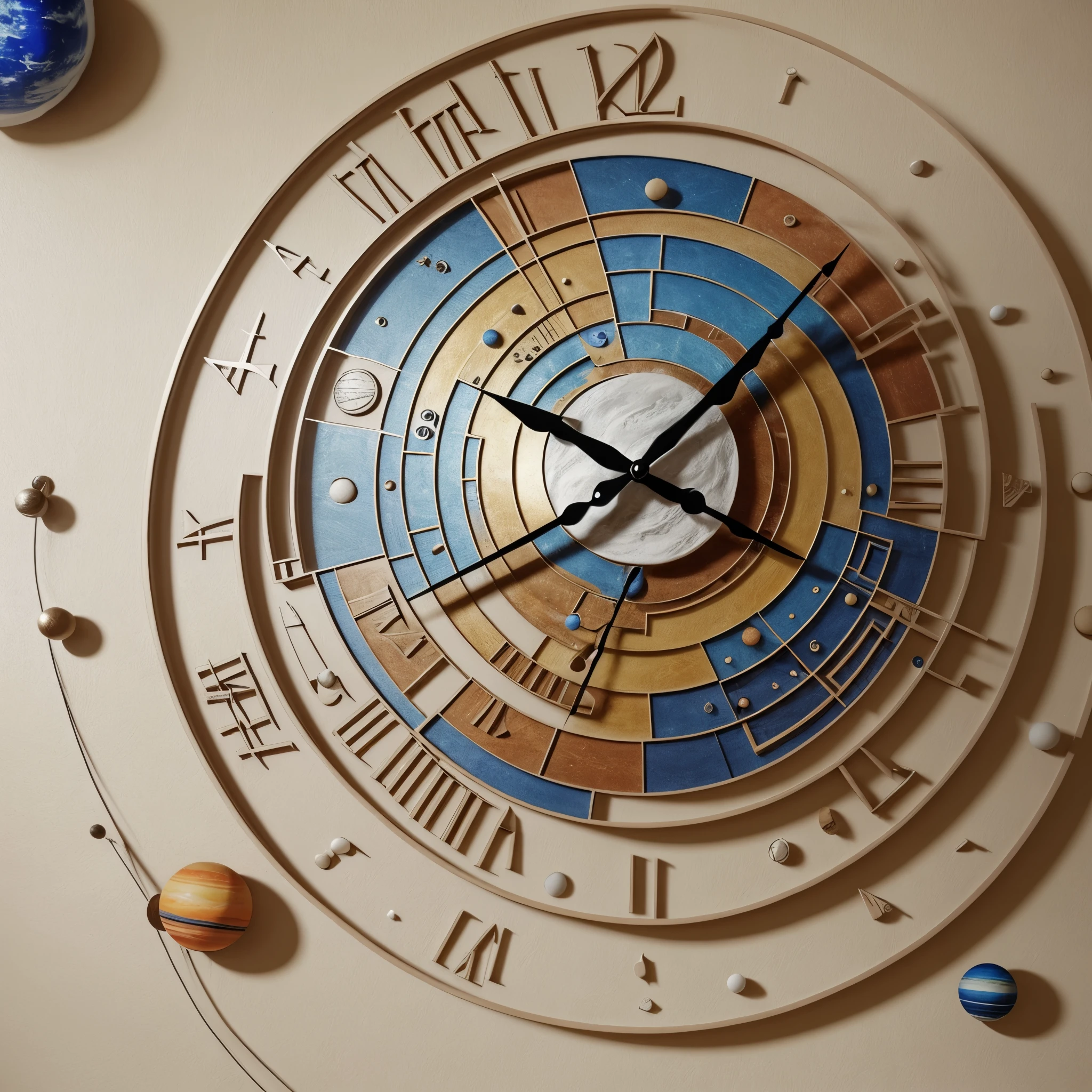 3D round wall clock in the shape of the solar system, plaster, multi-level, orbits
