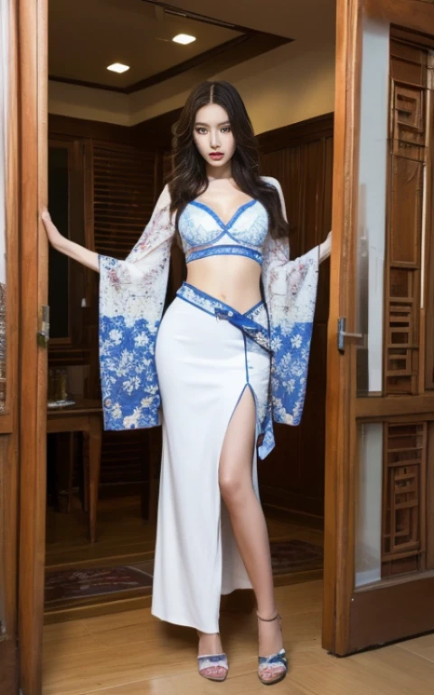 wearing Chinese clothes、Chinese clothes with open chest、Wearing Chinese clothes without a bra、Nothing is worn inside、A woman with the same face as last time(misaki),4K、1people's women、slender、 Loose wavy styling 、Full body shot from the front、seductive and attractive,Including face and skin texture,detailed eyes、a seductive look