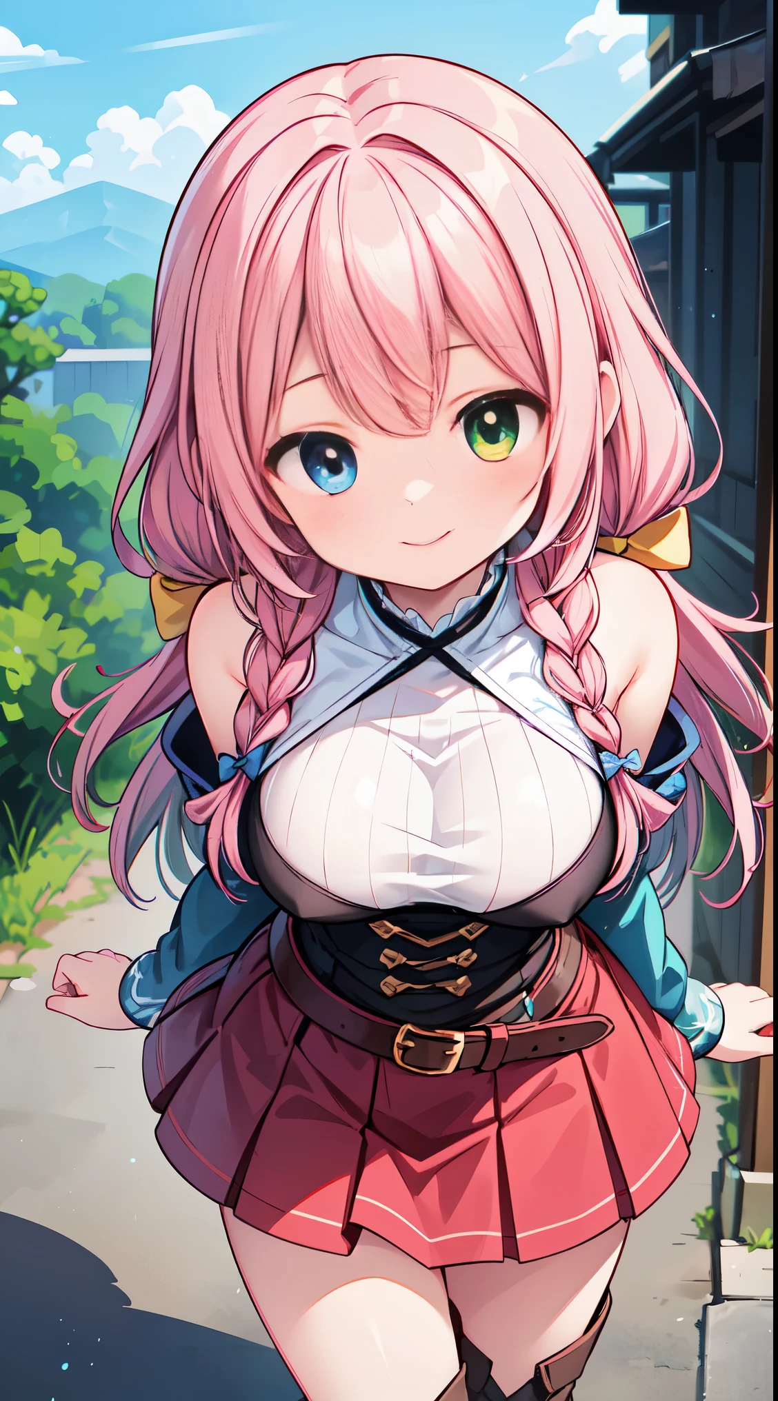 (super fine illustration:1.2),(masterpiece, 8k), (best quality, high quality:1.4), perfect anatomy, hyper detailed, ultra detailed,masterpiece background,beautiful detailed background, v8k wallpaper,perfect design,award-winning art,atmospheric,
BREAK, one beautiful girl, ( girl),alone,(kawaii:1.5),(Chibi:0.6),(cute:1.5),(:0.5),break,(17 year old beautiful girl,very detailed,Colorful,best details,transparent skin,Shining beautiful skin,shy,very detailed,Colorful,best details,BREAK,transparent skin,Shining beautiful skin,shy skin,break,(heterochromia,blue eyes,green eyes, eye highlights,first ultrafine star:1.45),star eye silhouette ,BREAK,(pink hair, semi-long hair, bow:1.4),(twin braids,slightly curly hair,princess cut, crossed bangs:1.3),(big breasts,beautiful breasts:1.5),(long eyelashes, double eyelid:1.2),alone,glowing skin, transparent skin, Shining beautiful skin,(highest quality face),(highest quality bright eyes),(light smile:1.45),
BREAK, Fantasy world city floating high in the fantastic sky,BREAK, Earthy Layers and Shawl,
Layer multiple thin sweaters for warmth,
Long, layered skirts made from simple fabrics,
Belt or cinch at the waist for shape.
Hand-woven or crocheted shawl for added warmth,
Wrap around shoulders or drape over arms,
Natural, earthy tones for a rustic look,
Basic leather boots for durability,
Practical and versatile footwear,
Decorate with handmade fabric boot cuffs,
BREAK,wakame,wakame,wakame,(Cowboy Shot,from above:1.4),
BREAK,(Blurry background:1.3),(absurderes, hight resolution, Super Detail Art),cel shading,Clear Color, Lonely optical effect, Beautiful pictures, Bright glow, mystic atmosphere,(Close-up of girl:1.1), Mystical light particle effect,manga influence, clean line drawings,