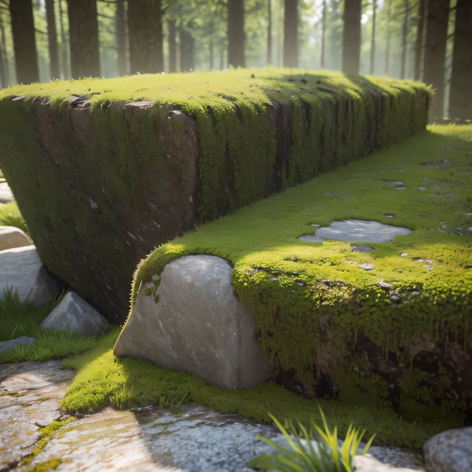 extreme close-up, an flat mossy stone slab, bright natural light, surrounded by plants, spring forest, C4D, empty product display scene --ar 5:7 --s 250 --v 5.2