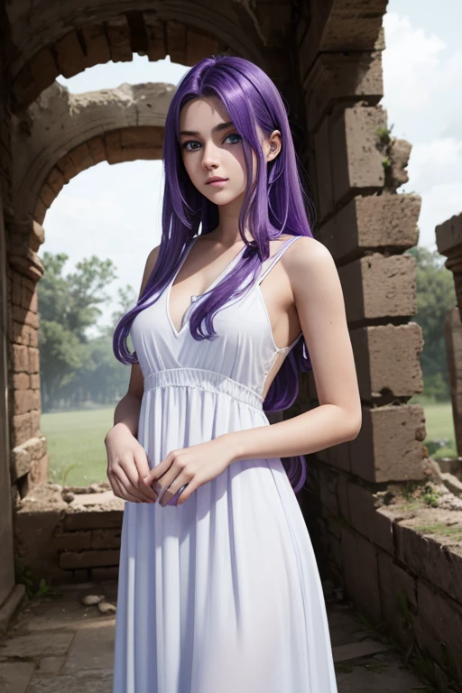  girl with purple hair, blue eyes in a white long dress at ruins