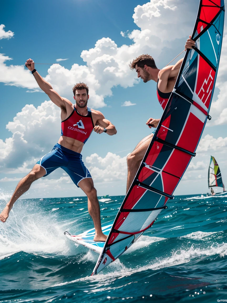 8k,8K resolution,2 Muscular Europeans, handsome man,charming eyes,rough real skin,beautiful, smooth and shiny,Full muscles,Thick body hair, (Wearing fashionable swimming trunks),big bag,emphasize,(Windsurfing on the sea),The two people stood on their respective sailboards and moved forward quickly while swaying the white sails.,Two people were chasing each other on the sea while swinging their windsurfing boards.,Move forward quickly with both feet on the windsurfing board,Beautiful and professional pose,professional lighting,Professional photography,Realistic photos,realistic model,realistic art