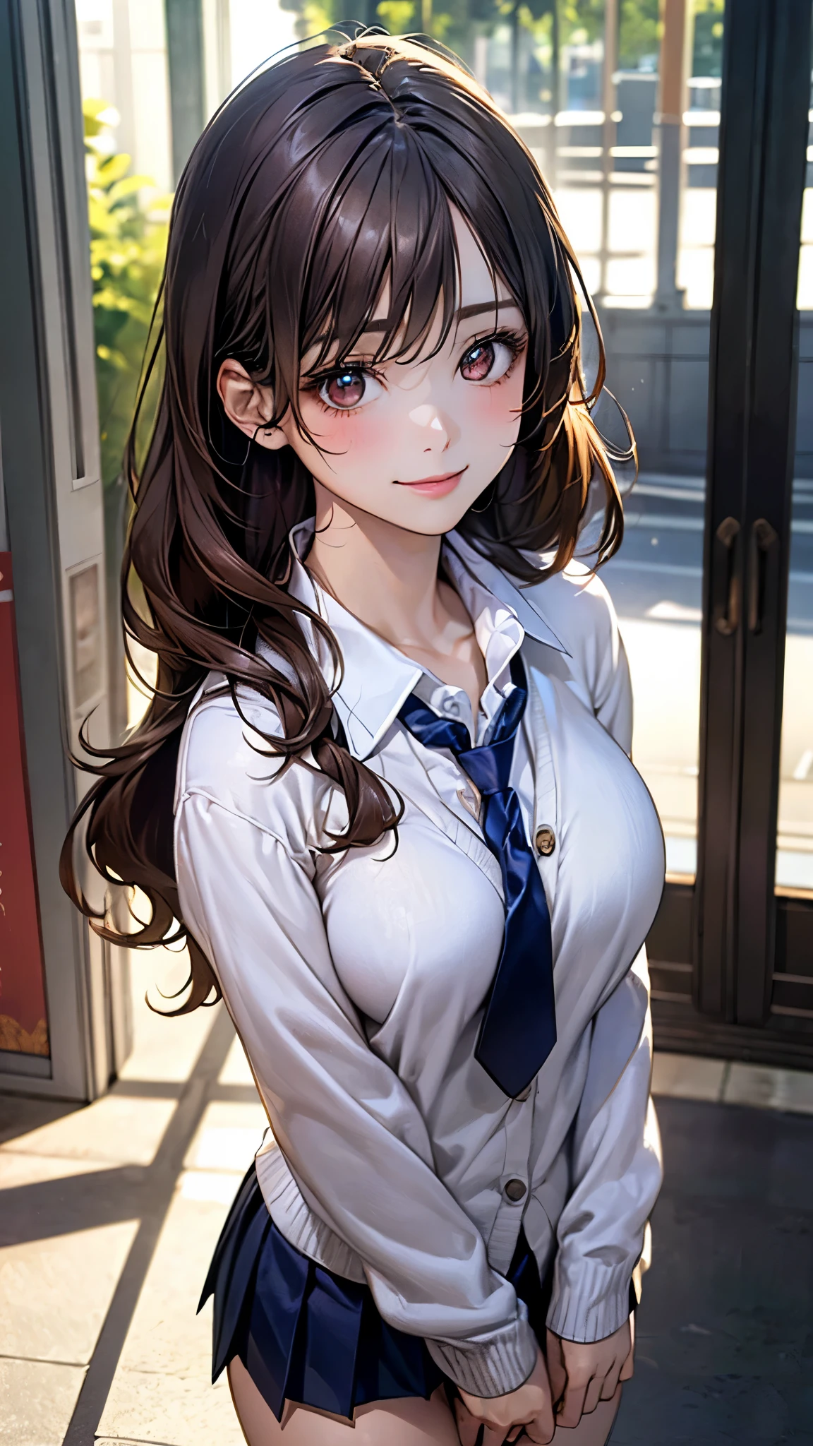 (masterpiece:1.2, top-quality), (realistic, photorealistic:1.4), beautiful illustration, (natural side lighting, movie lighting),
looking at viewer, cowboy shot, front view:0.6, 1 girl, japanese, high school girl, perfect face, cute and symmetrical face, shiny skin,
(long hair:1.4, half updo:1.5, light brown hair), hair between eye, dark brown eyes, long eye lasher, (large breasts:0.6, seductive thighs),
beautiful hair, beautiful face, beautiful detailed eyes, beautiful clavicle, beautiful body, beautiful chest, beautiful thigh, beautiful legs, beautiful fingers,
((long sleeve white collared shirts, navy pleated miniskirt, navy tie, white cardigan)), pink panties,
(beautiful scenery), evening, riverside, walking, (lovely smile, upper eyes),
