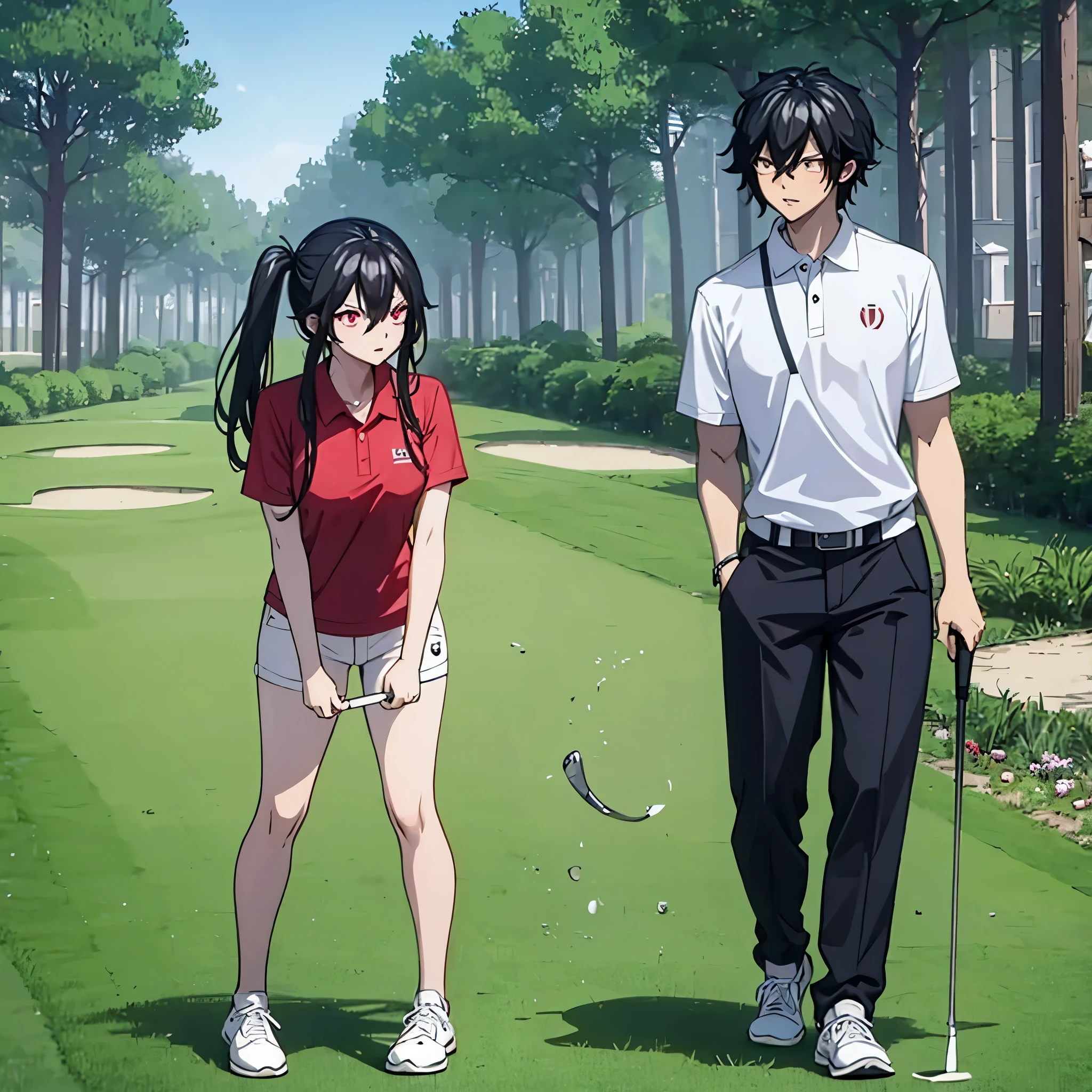 a man together with a woman (eye red) in casual clothes playing golf on a golf course
