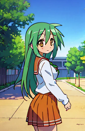 1girl, schoolgirl, female, green hair, orange eyes, smile, lucky star, long hair, outdoors, white skin, breasts, big breasts, buruma, rear view, butt