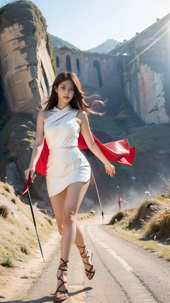 Woman in red silver dress, ((run)), Fight monsters, beautiful armor, very detailed, red armor girl, exquisite jewelry, (best quality, 10, Masterpiece :1.3), (realistic, ภาพrealistic: 1.37), (1 girl), (Beautiful women between the ages of 18-20), (thin), (Focus on the slender abdomen.. :1.3), (Korea), (white leather dress, Long red leather cloak, Show your arms and shoulders., white leather skirt, short leather skirt, Emphasize her legs., High groove,), (รองเท้าHeel Height), (Random pose), Huge breasts, exposed cleavage, ((dark brown hair, long hair, long hair, Random hairstyles)), exquisite face, Open the show, Fantasy, Slender figure, Body proportion, Very smooth face, Good eyes, Double eyelids, (big girl :1.3), (outdoor), (Extraordinarily detailed face), (Detailed eyes), (Double eyelids), (Eyeshadow makes eyelashes look thicker.......), obscure, (Long legs, Heel Height), (((Whole body))), (professional lighting), (Radiation), red armor girlสีเงิน, ((Big magic Sword)), (Look directly at the audience.....), cliff scene, mountain, cave mouth, stone, Dungeon