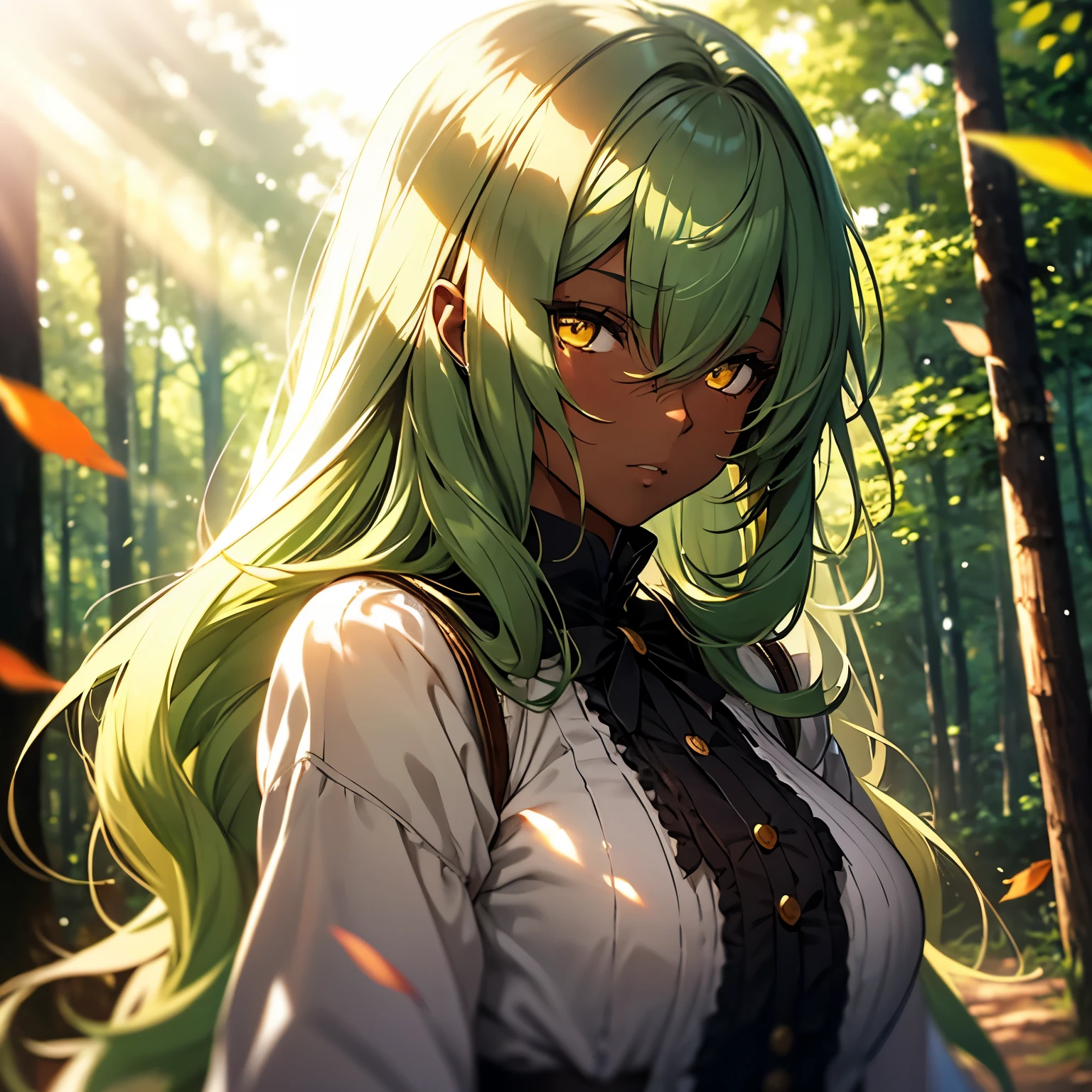 a female, wood woman, lolita clothes, upper body, dark skin, wood appearance, yellow eyes, green hair, long hair, leaf hair, handsome, sun glare, bokeh, depth of field, blurry background, light particles, strong wind, portrait, forest background,