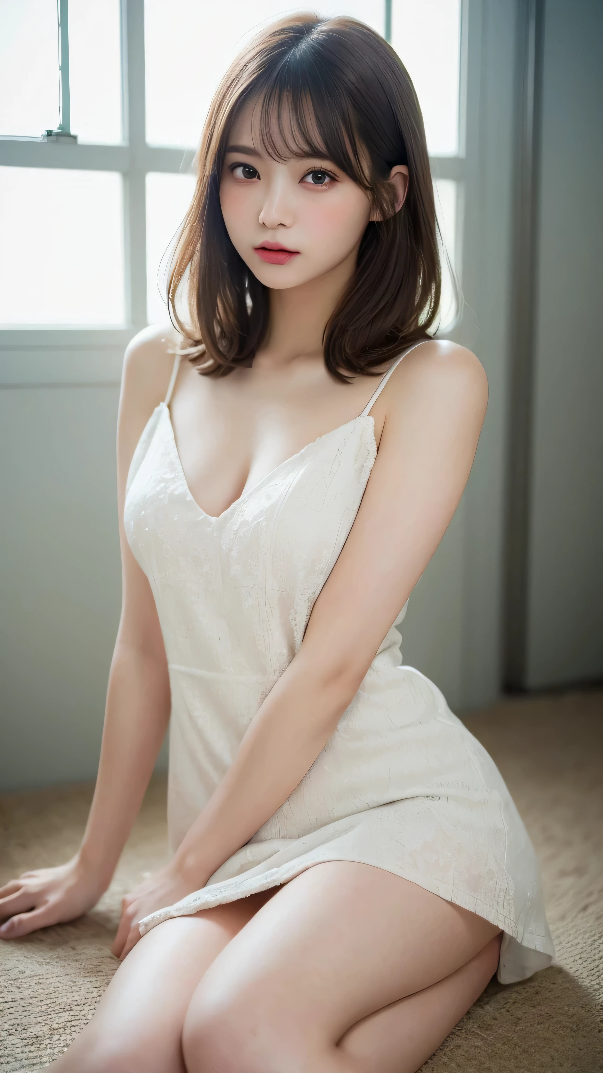 (masterpiece:1.5)、(realistic:1.5)、(highest quality:1.4、8K、RAW photo)、
ultra high resolution、professional lighting、perfect dynamic composition、indoors、
film grain、chromatic aberration、(Bokeh:1.1)、
Frank、Sophisticated、Charm、surreal、high detail、golden ratio、
(1 girl)、slender girl、繊細でCharm女の子、cute woman:1.4、
serious expression、looking at the viewer、sitting on the floor、sculpture installation、
light brown hair、shining hair、Half Up Hairstyles、
skin that looks real、
close your mouth、fine eyes、double eyelid、thin arms、
(Wearing a white mini dress:1.3)、(show thighs:1.3)