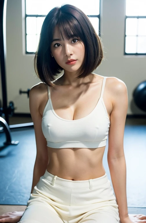 ((8K:1.27)、highest quality、masterpiece、ultra high resolution:1.2)Photos of beautiful Japan women(fun:1.1) (good for sports:1.21) Designed by Greg Rutkowski and Alphonse Mucha Complex elegance、fantasy、become familiar with、geometry、gradient lighting、1 girl、delicate skin、looking at the viewer、I'm holding out my hand in this direction and inviting you.。brown eyes、(short hair with bangs:1.2)、Outer bob cut(Big breasts:1.0)、(medium areola:0.8)、(realistic:1.4)、(highest quality:1.0)、(ultra high resolution:1.0)、8K、RAW photo、(masterpiece:0.2)、(face to face with the children_v1:0.5)、 tight mini skirt、Please kneel on your knees、sharp gaze、big breasts、I can see white pants、sports gym、KOF Leona、KOF Leonaのコスチューム、The King of Fighters、