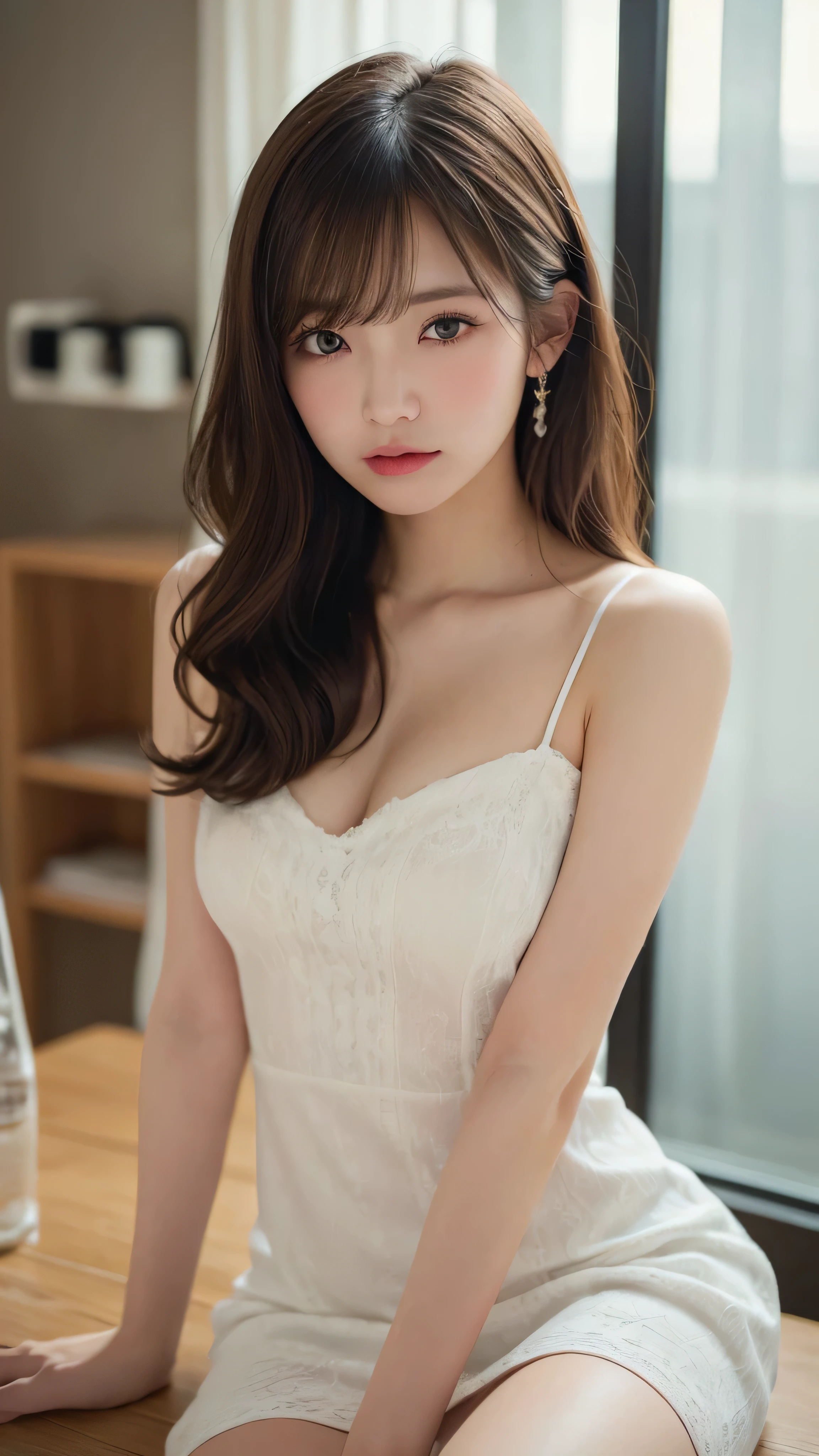 (masterpiece:1.5)、(realistic:1.5)、(highest quality:1.4、8K、RAW photo)、
ultra high resolution、professional lighting、perfect dynamic composition、indoors、
film grain、chromatic aberration、(Bokeh:1.1)、
Frank、Sophisticated、Charm、surreal、high detail、golden ratio、
(1 girl)、slender girl、繊細でCharm女の子、cute woman:1.4、
serious expression、looking at the viewer、sculpture installation、
light brown hair、shining hair、Half Up Hairstyles、
skin that looks real、
close your mouth、fine eyes、double eyelid、thin arms、small box、
(Wearing a white mini dress:1.2)、(show thighs:1.2)