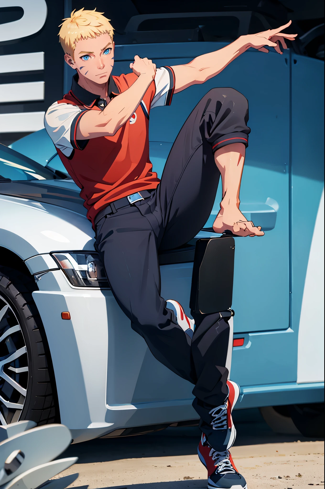 ((masterpiece)), ((blond man)), ((blue eyes)), ((short hair)), ((background: beach)), ((super detailed, ((normal clothes)), (( blue polo red)), ((black pants)), ((black sneakers)), ((super detailed eyes)), ((ultra quality), ((full body)), ((man)), ((face male)), ((only)), ((facial mark, whisker marks)) , infinite spatial dimensions