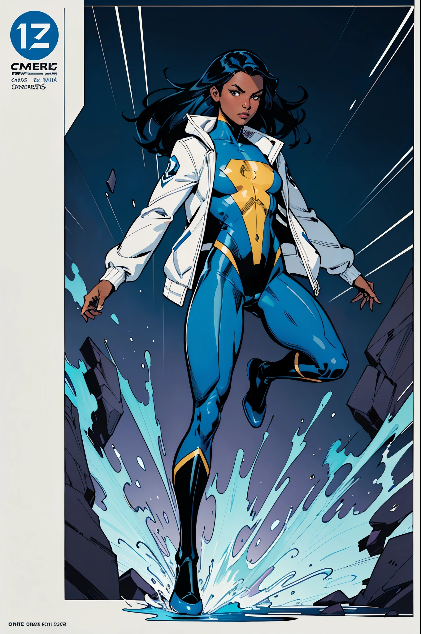(comic style:1.3), (line art:1.5), (full body),(comic book cover, masterpiece, award winning, best quality:1.3), (flat color:1.3),(colorful:1.3), 1 girl ((solo)), Latina, superhero, controlling water, dark skin, long black hair, purple eyes, wearing a blue and white wetsuit (full body), blue shoes, (white short jacket), fashionable, volumetric lighting, subsurface scattering, (dark skin, good anatomy, good proportions, good composition, highest quality, award winning, masterpiece), dynamic pose, cinematic, (intricate, detailed), realistic detailed fabric textures, art by Adam Hughes