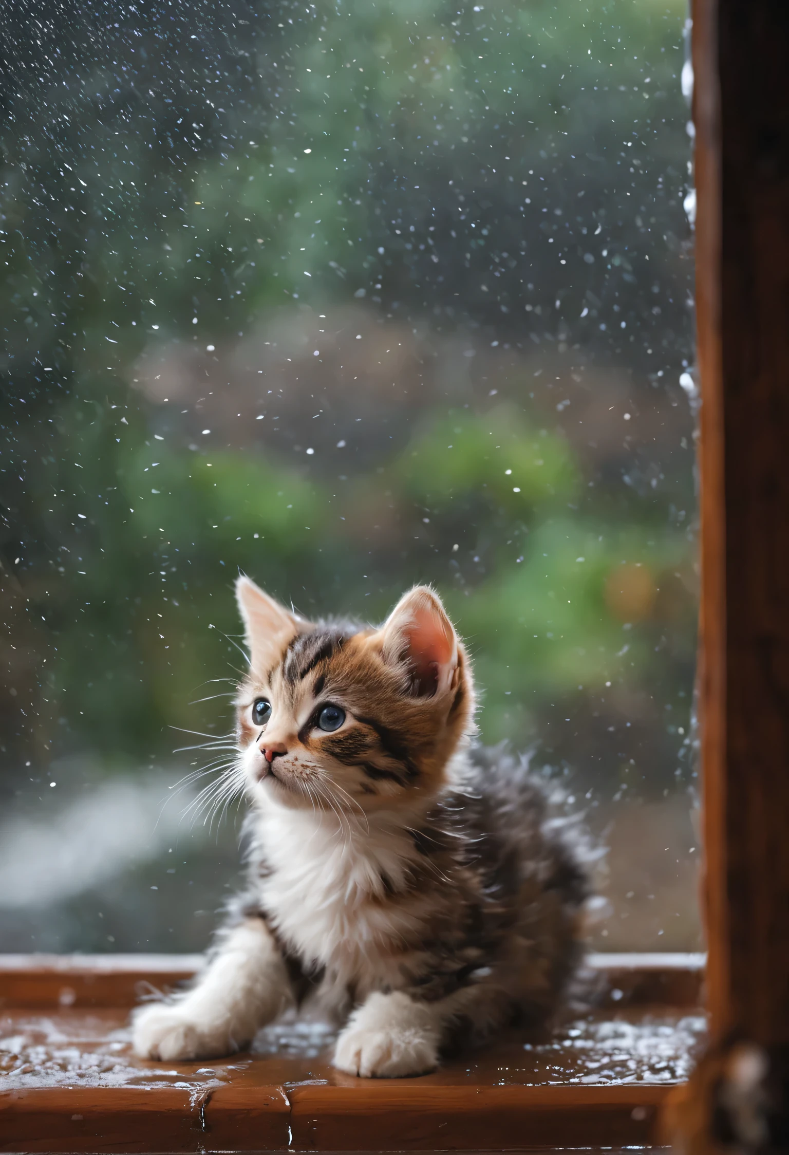 kitten gets wet in the rain、Looks cold、A picture of someone looking up at the warm light of a house
