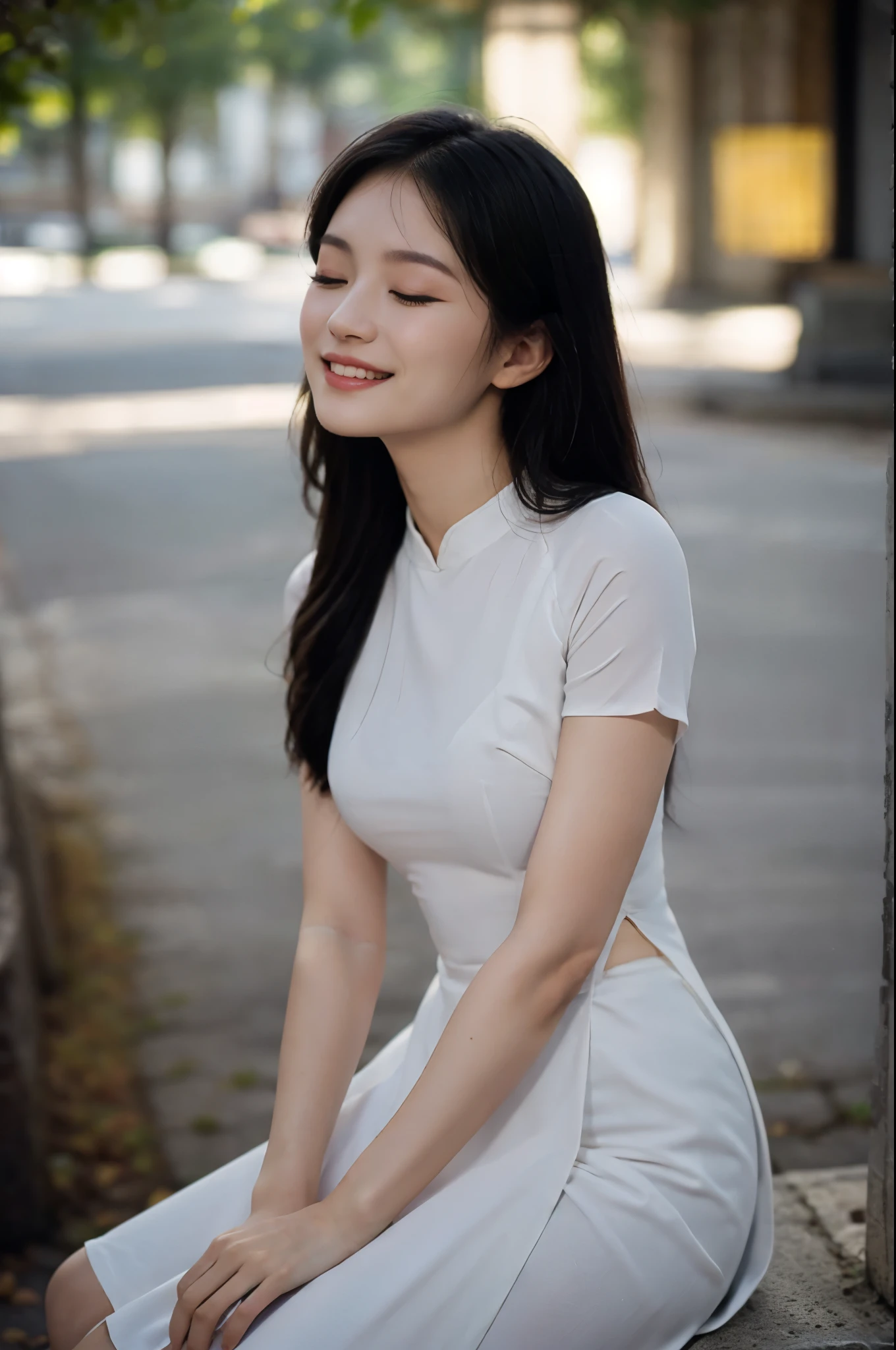 Best quality,masterpiece,ultra high res,(photorealistic:1.4),1 girl, solo,hime cut ,long hair ,light smile, vietnamese dress,  outdoor,sitting, beauty,pettiskirt, closed eyes, ultra realistic,32k,RAW photo,(high detailed skin:1.2), 8k uhd, dslr, soft lighting, high quality, film grain