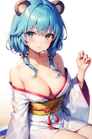 (((highest quality, High resolution, Like a cartoon in Japan))) ,(((bear ears,bear,beastman))),blue eyes, 1 girl, alone, looking at the viewer, blue hair, medium breasts, No bra,closed mouth, clavicle, white kimono, Broken kimono,cleavage,Two-dimensional beautiful girl,Japan anime beautiful girl